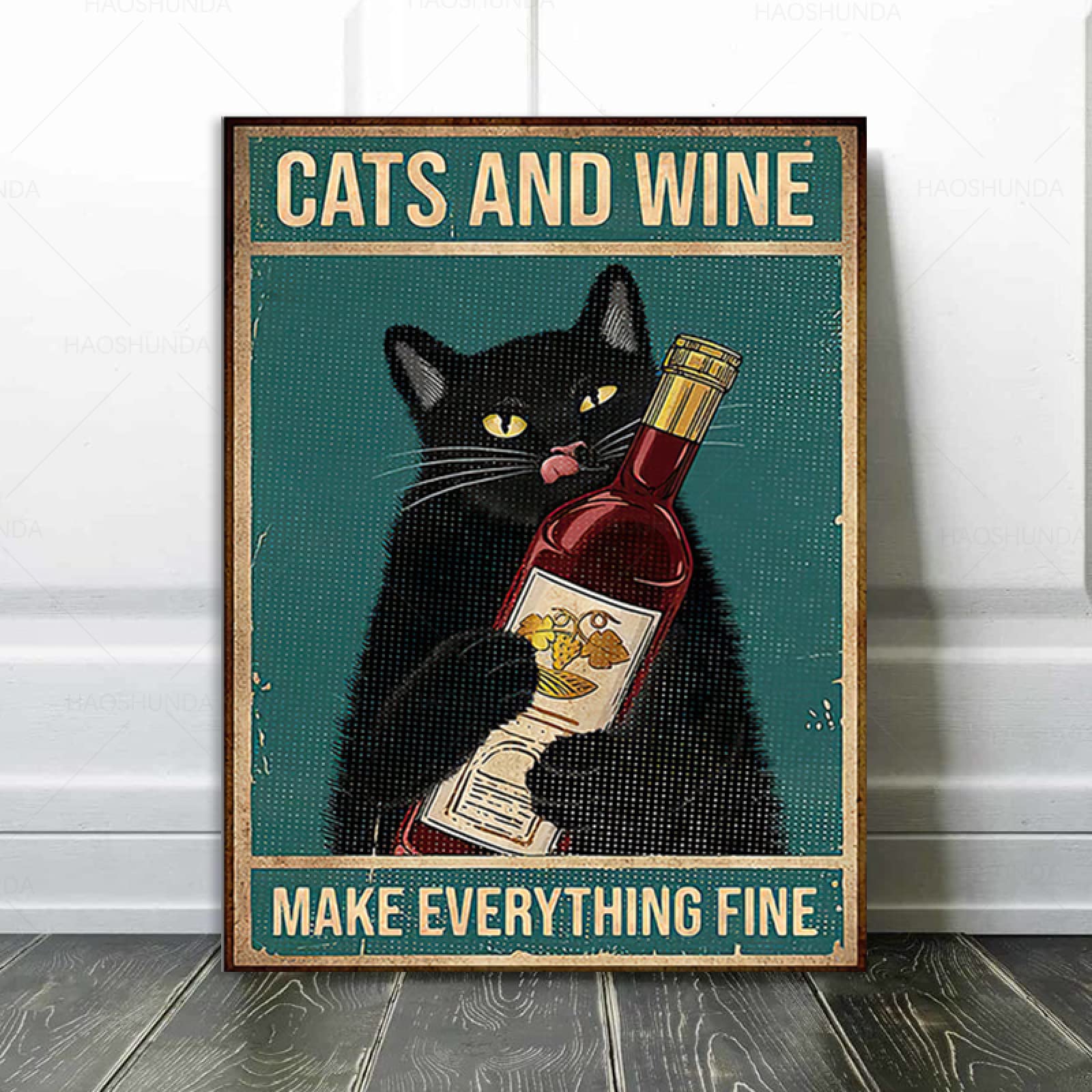 Cat and Wine Make Everything Fine Poster Funny Vintage Canvas Prints Painting Animal Retro Sign Wall Art Picture for Home Decor 50x70cm No Frame