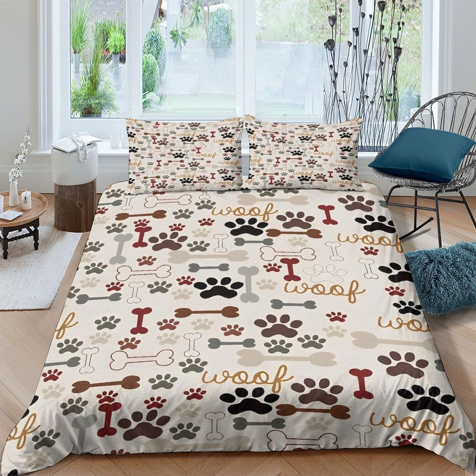 P5V6M1Q9 3D Printed Paw Pattern Duvet Cover Microfiber Soft Breathable Dog Bone Bedding Set with 2 Pillowcases for Bedroom Decor, Suitable Single（135x200cm）