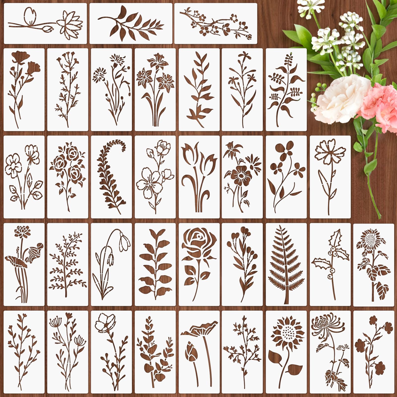 MWOOT 36 Pieces Flower Stencils for Painting,Botanical Stencils for Crafts,Wildflower Floral for Fabric Painting,Reusable Stencils for Wood Scrapbook Canvas DIY Decor (15x7.62 cm)