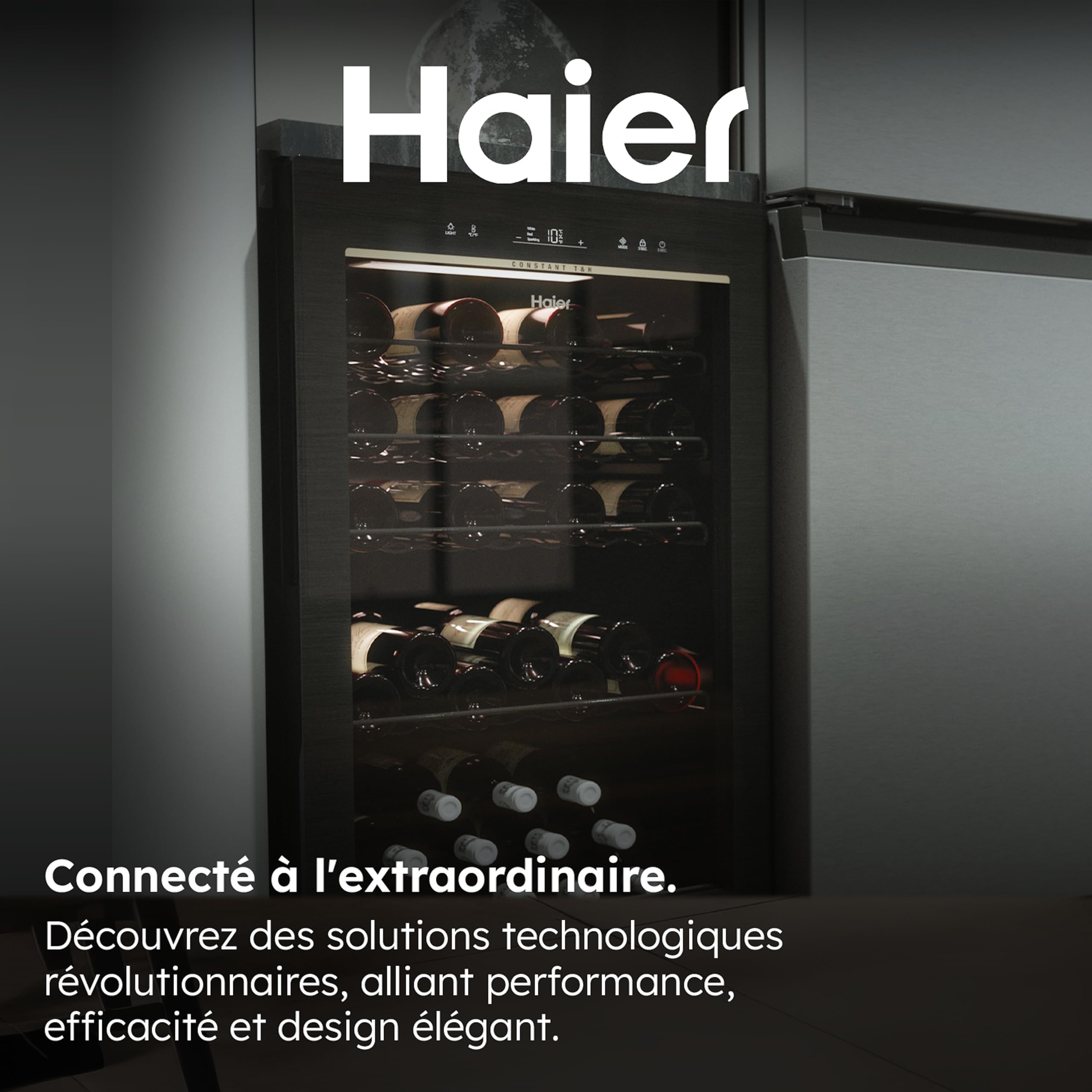 Haier Cave à Vin 49 Bouteilles 1 Porte Classe Énergétique F Froid Statique Noire 82 x 49,7 x 58,5 cm HWS49GAE