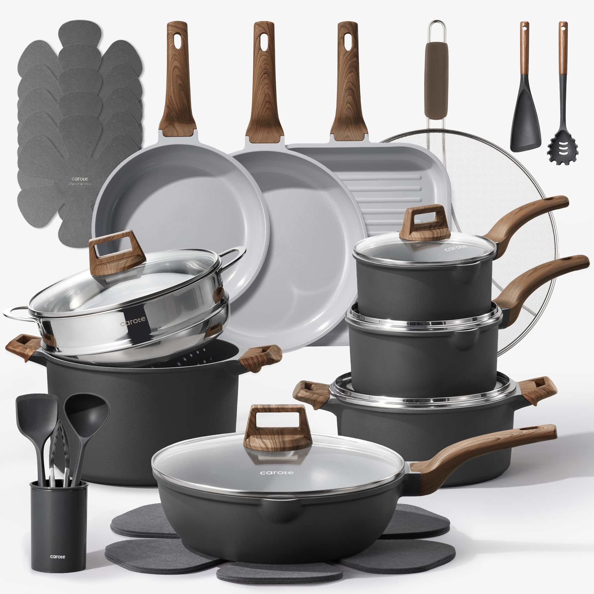 CAROTE 29pcs Ceramic Cookware Sets, Pots and Pans Set Gray
