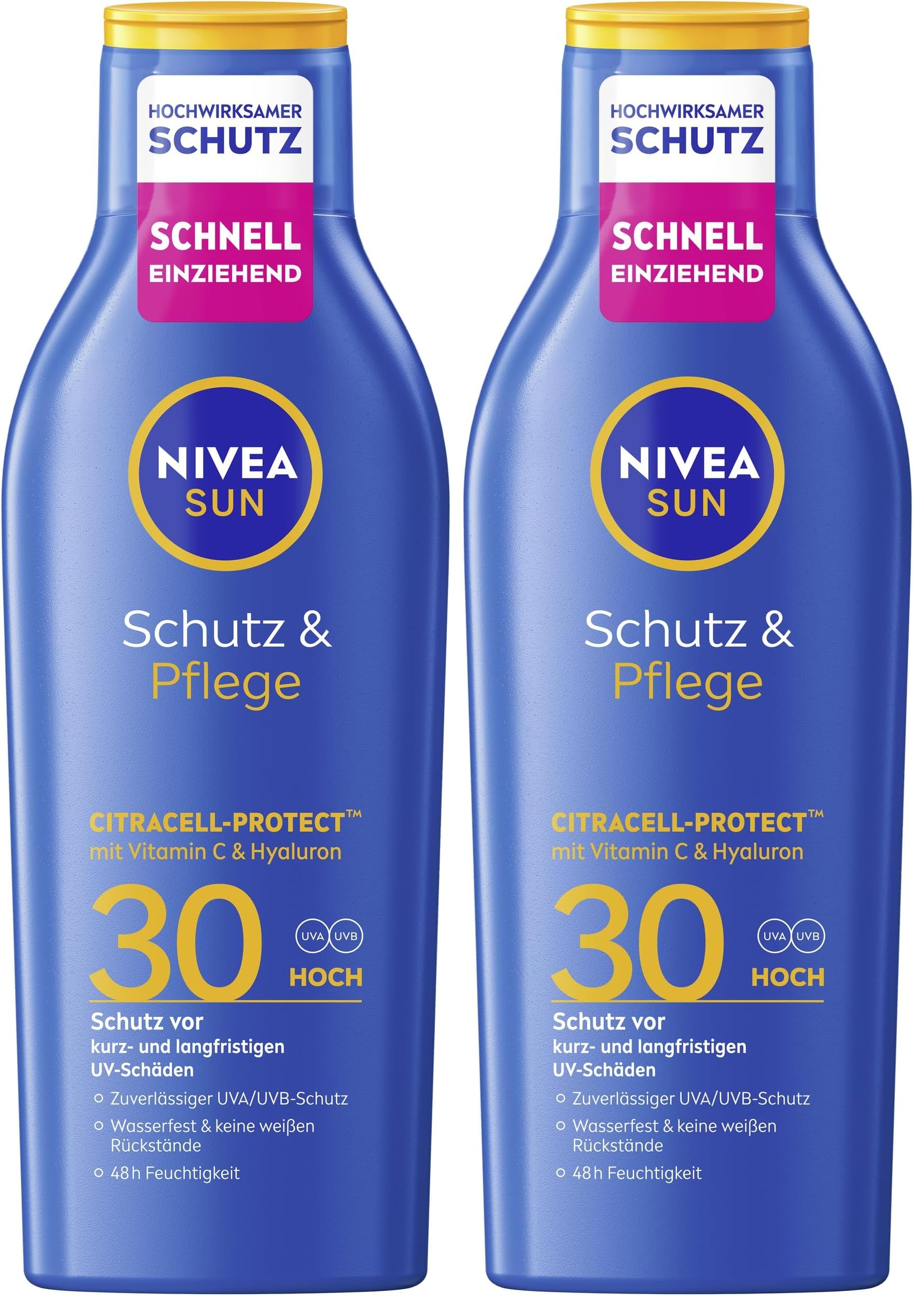 NIVEA SUN Schutz & Pflege Sonnenlotion LSF 30, wasserfester Sonnenschutz mit Vitamin C & Hyaluron, schnell einziehende Sonnencreme für 48h Feuchtigkeit ohne weißen Film (200 ml) (Packung mit 2)