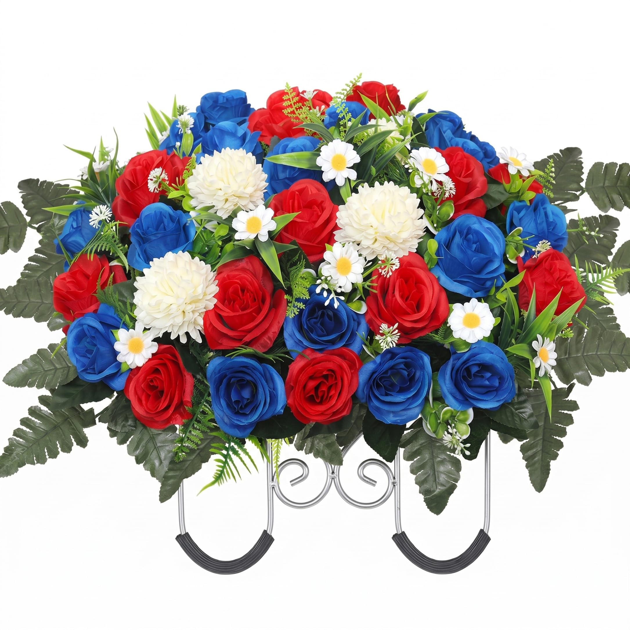 Neptuiby Headstone Flower Saddle Waterproof Memorial Flowers Cemetery Flowers for Memorial Day & 4th of July Red White Blue 25x14 Inch.