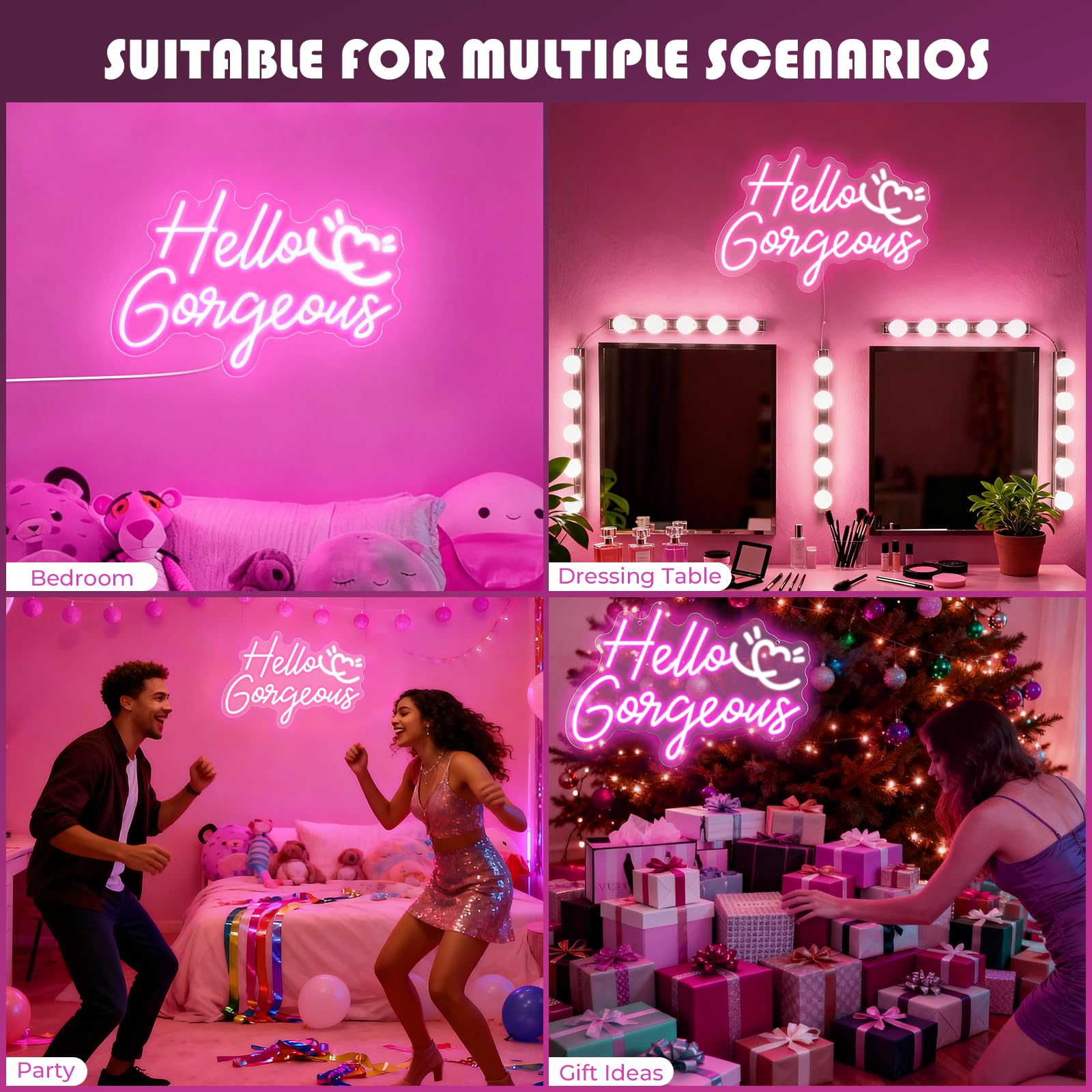 Hello Gorgeous Neonschild, 40,6 x 27,7 cm, LED-Schild, Neonschilder für Wanddekoration mit dimmbarem Schalter, Stromversorgung über USB, rosa Neonlichter für Teenager, Mädchen, Schlafzimmer