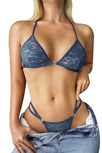 RSLOVE Sexy Lace Lingerie Set - Exotic Lingerie for Women 2 Piece Bra and Panty Set Heart Ring Bralettes Underwear - Medium - Royal Blue