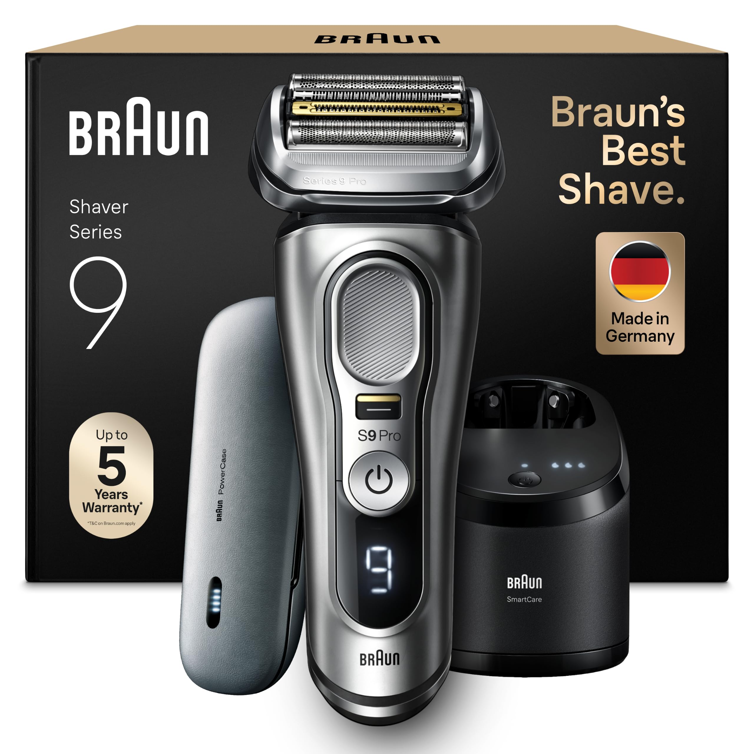 Braun Rasierer Herren Elektrisch Series 9, 9477cc, Silber | Elektrorasierer, 4+1 Scherkopf, Barttrimmer, 60 Min. Akku, Wasserdicht, Made in Germany, Inkl. Ladeetui, Reinigungsstation