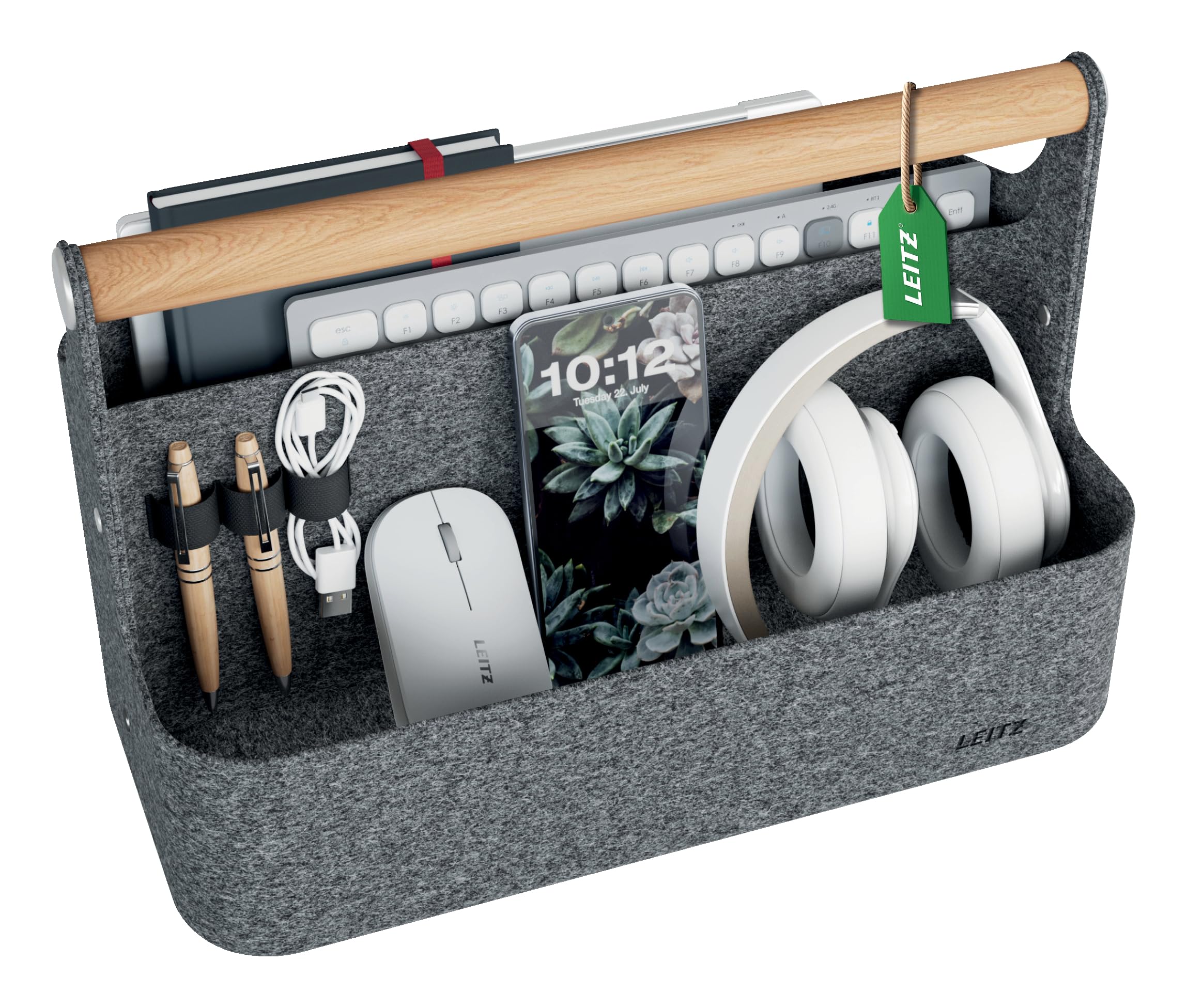 Leitz Portable Desk Organiser With Handle - Portable Office Desk Organiser With Wooden Handle, Ideal for Coworking Spaces and Hotdesk Offices - 38 x 19 x 25.5cm (LxWxH)