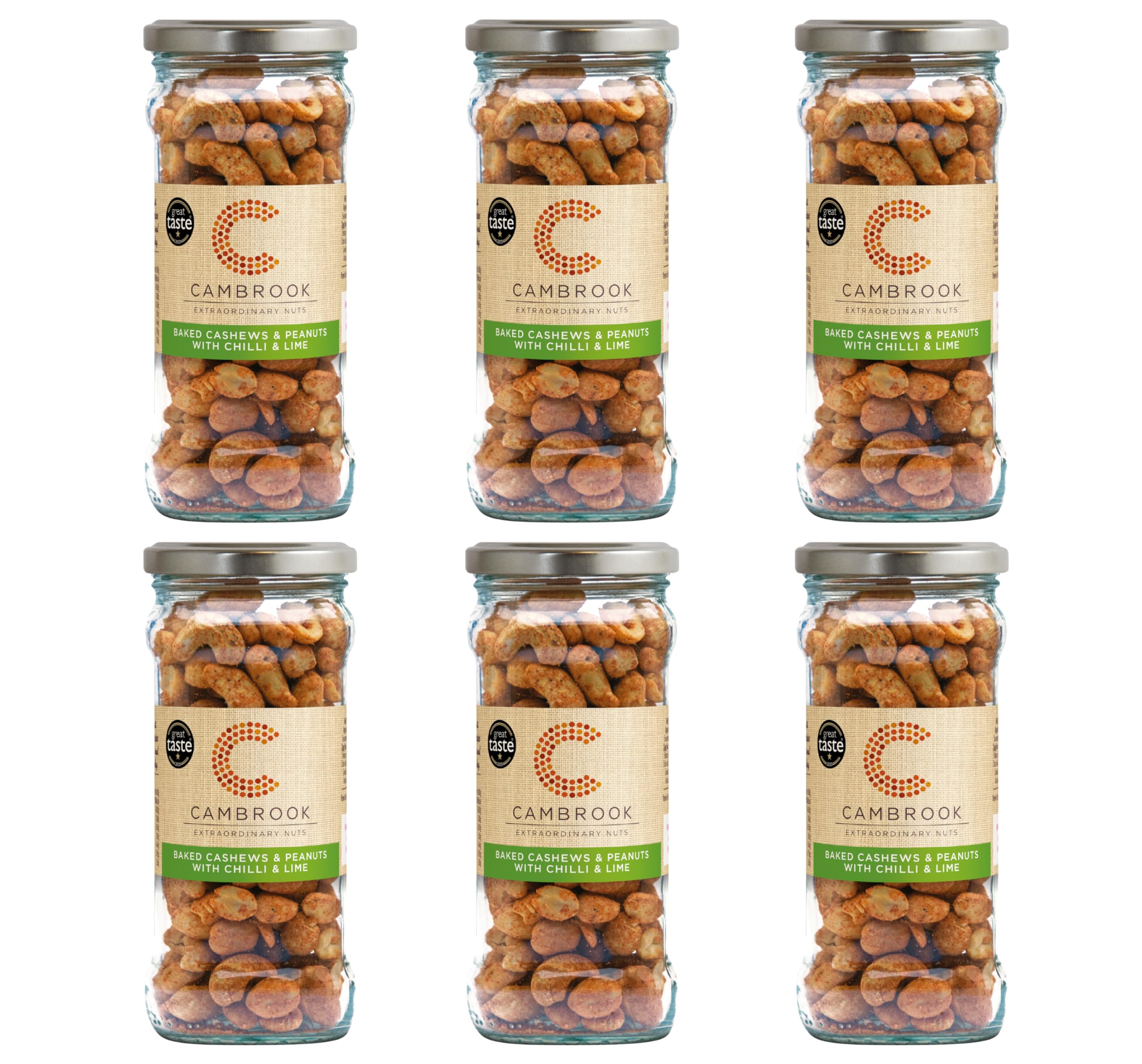 Cambrook - Baked Cashews & Peanuts with Chilli & Lime, 170g Jars, Pack of 6