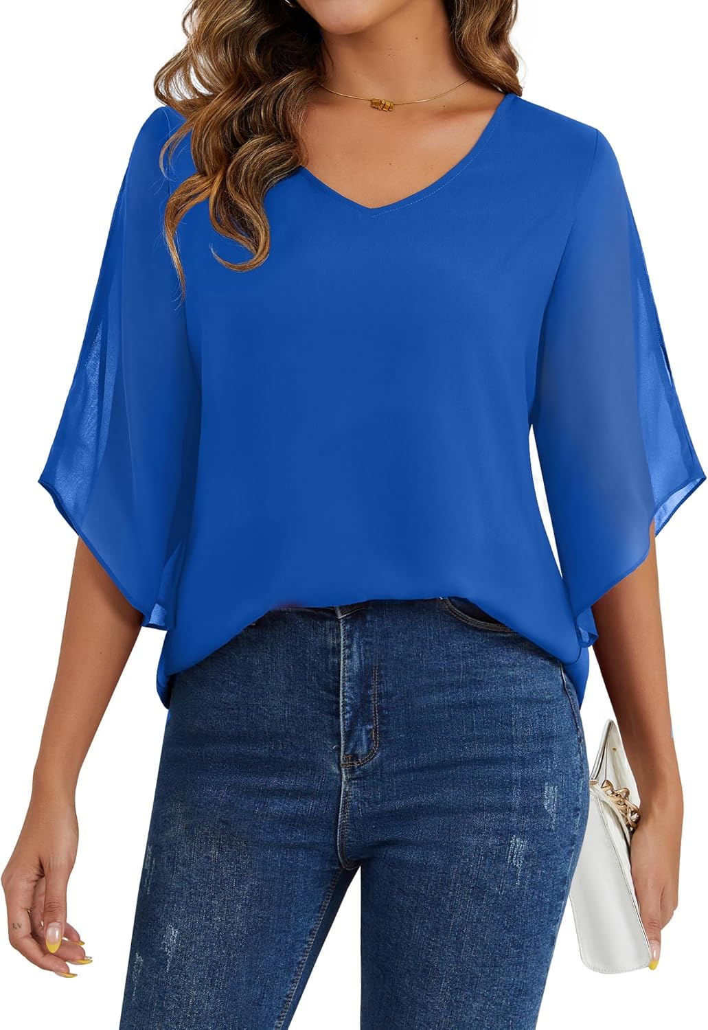 Neineiwu Womens 3/4 Ruffle Sleeve Tunic Tops V Neck Dressy Casual Chiffon Blouses for Women Summer Trendy Work Shirts - Image 2