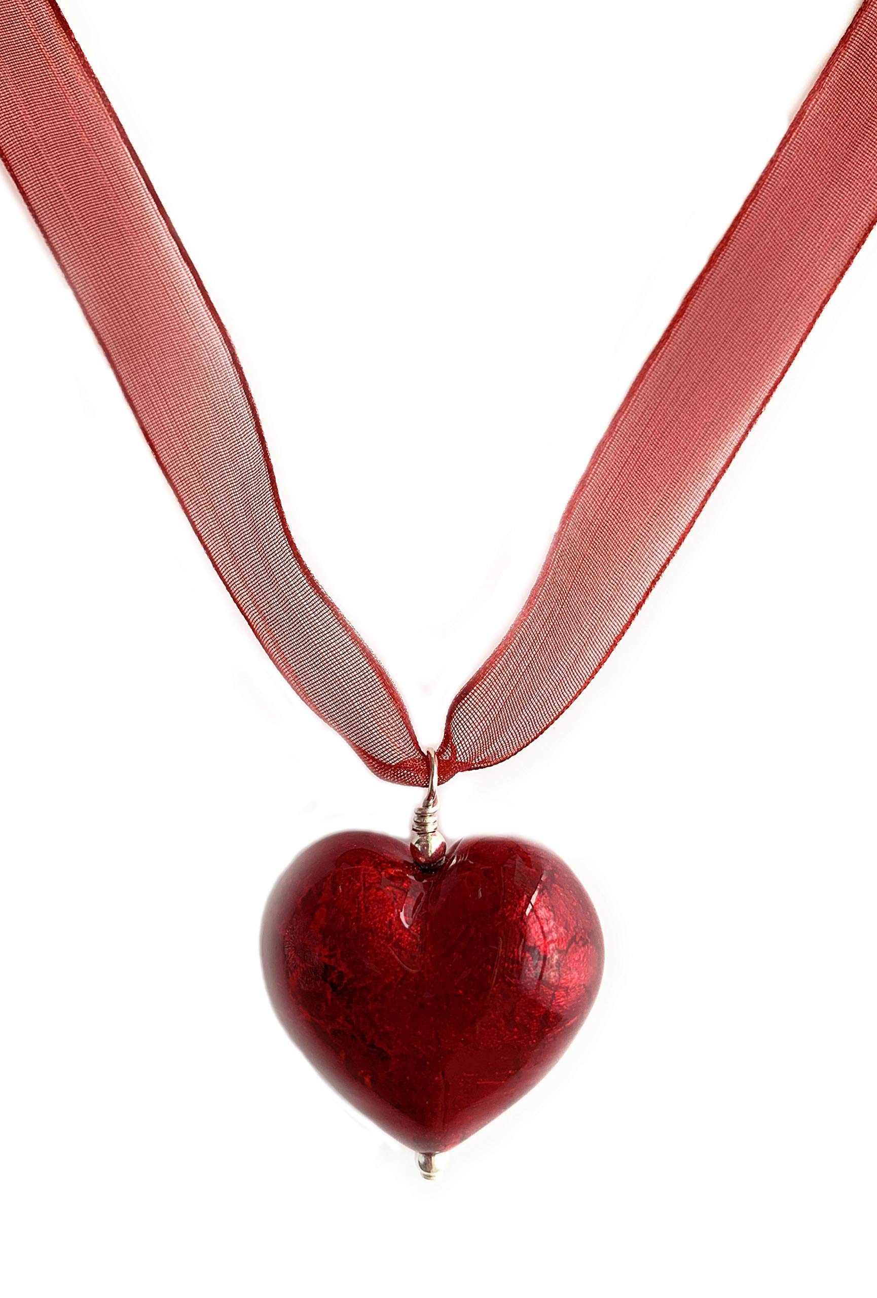 Diana Ingram necklace with red Murano glass large heart pendant on organza ribbon