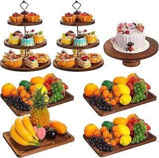 7 Pcs Wood Dessert Table Display Set Wooden 3 Tie Cupcake Stands Rustic Round Cake Stand Wood Dessert Serving Trays for Christmas Party Baby Shower Wedding Birthday(Brown)