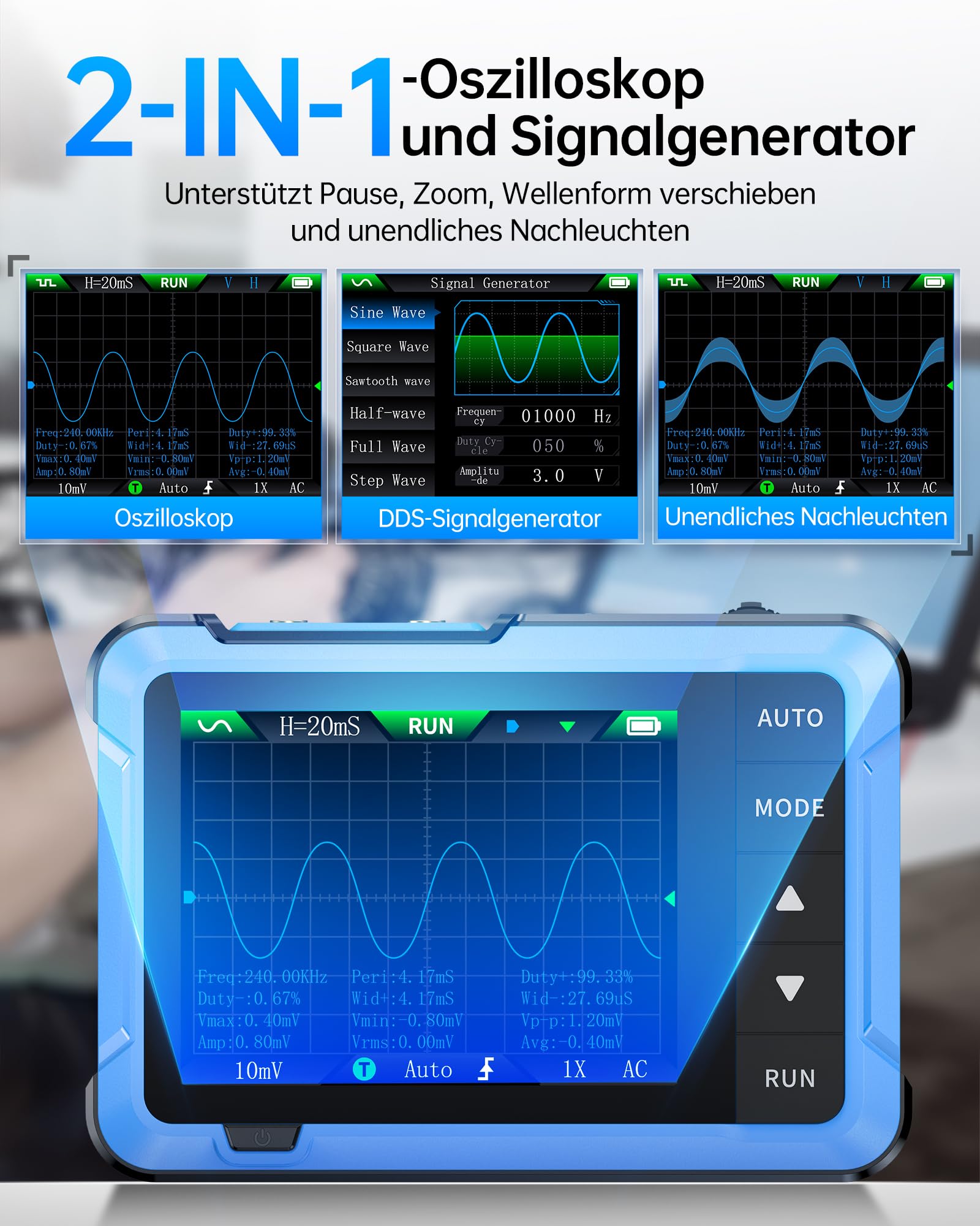 FNIRSI DSO-510 2-in-1 Hand-Oszilloskop & DDS-Signalgenerator – 10MHz Bandbreite, 48MS/s Abtastrate Digitales Oszilloskop Kfz, 2,8 Zoll TFT-Display, 13 Wellenformen, Triggerfunktion Auto/Normal/Einzeln