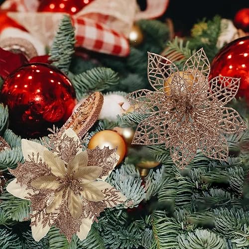 Miniatura 7 de Juego de 24 flores artificiales de Pascua de Navidad y bayas con purpurina, 2 estilos en total, 16 adornos de flores de árbol de Navidad, 8 piezas