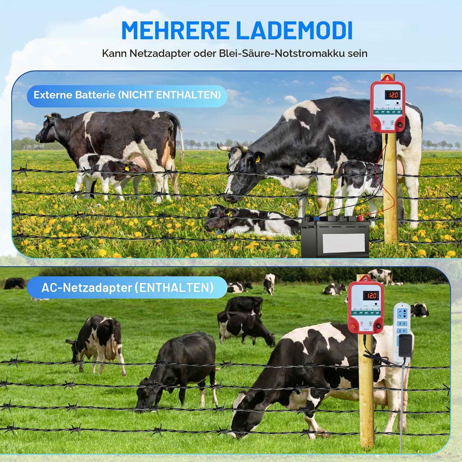 15 km Weidezaungerät mit Weidezaunlitze, 2J Weidegerät mit LED Display, Elektro Weide Zaun für Hühner, Schafe, Schweine, Füchse, Kühe, für landwirtschaftliche Unternehmen