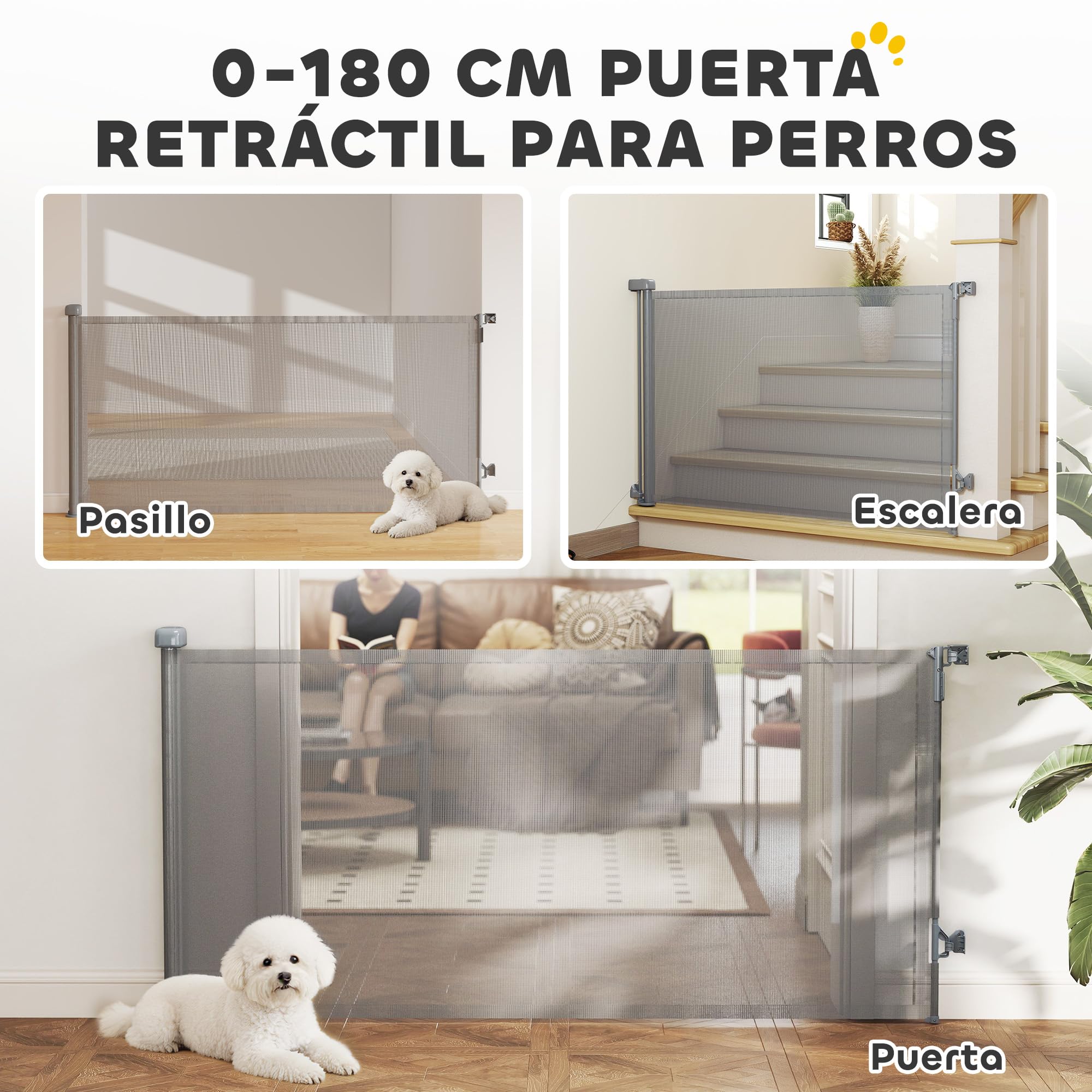 PawHut Barrera de Seguridad para Perros Retráctil, Extensible hasta 180 cm de Ancho y 93 cm de Alto, para Escaleras y Puertas, Valla para Perros Pequeños y Medianos, Uso con Una Sola Mano, Gris — view 4