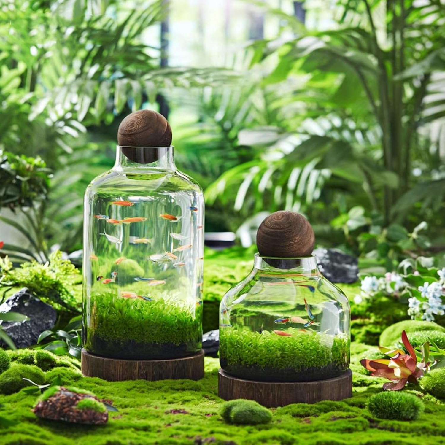 Glass Fish Bowl Terrarium, Clear Micro Landscape Self-circulating Aquarium with Wood Base Ball Lid, Interior Desktop Small Plant Tank Ornaments(36x17cm/14x6.7in, Clear)