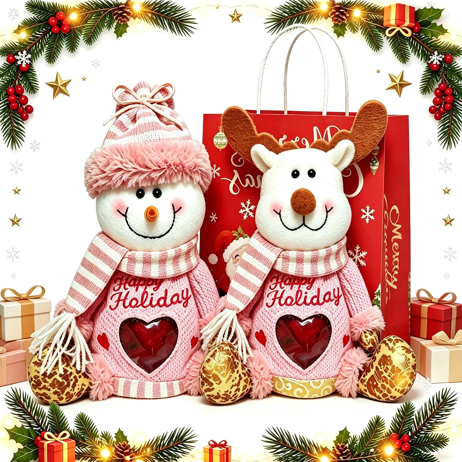Christmas Carrier Bags - Santa Claus, Elk, Doll Design - Zipper (2PC-B2)