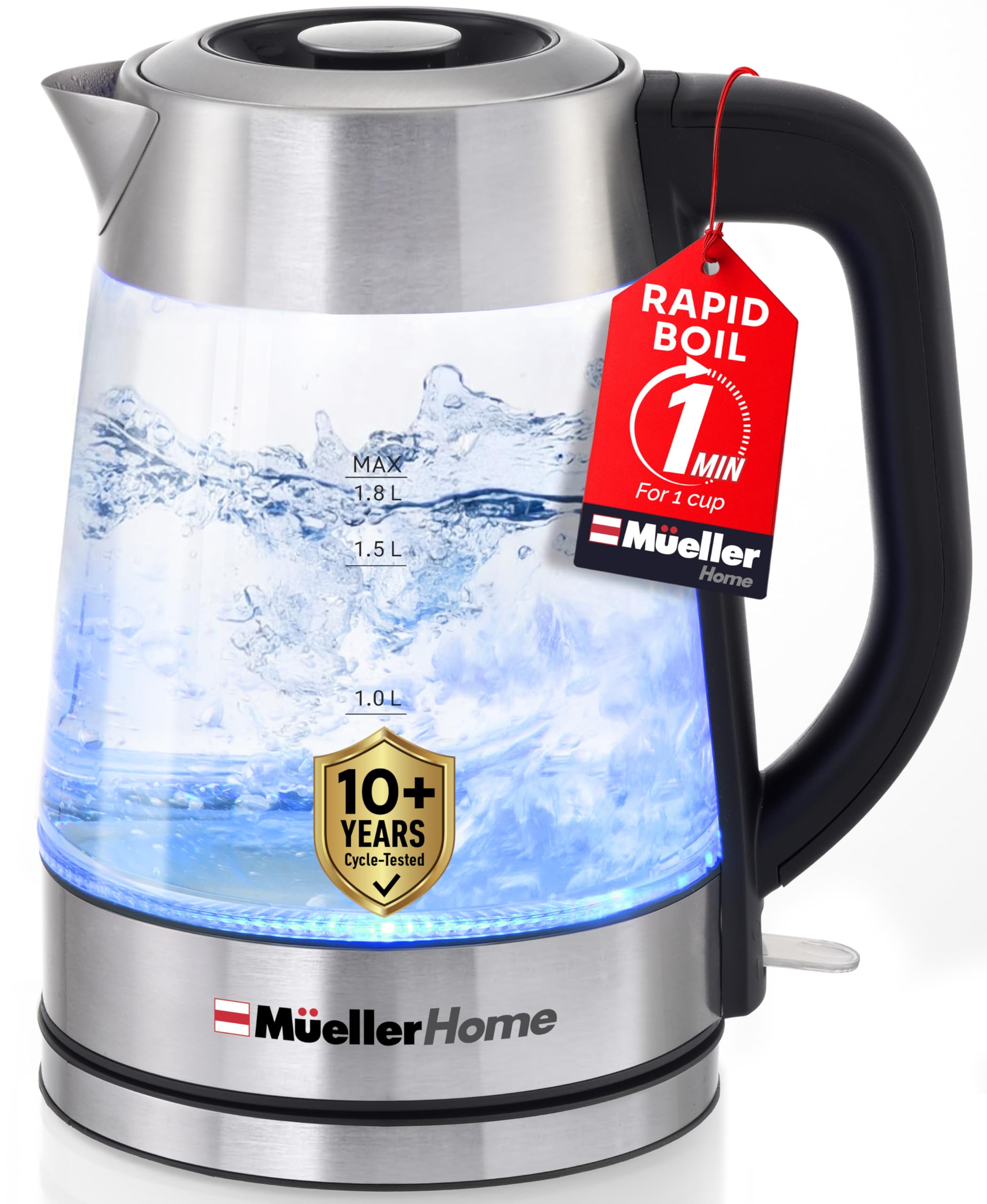 Mueller Rapid Boil Electric Tea Kettle 1.8L â€“ Borosilicate Glass & Stainless Steel â€“ BPA-Free Hot Water Boiler, LED Light, Auto Shut-Off, Boil Dry Protection Fast Water Heater â€“ Kitchen Appliances