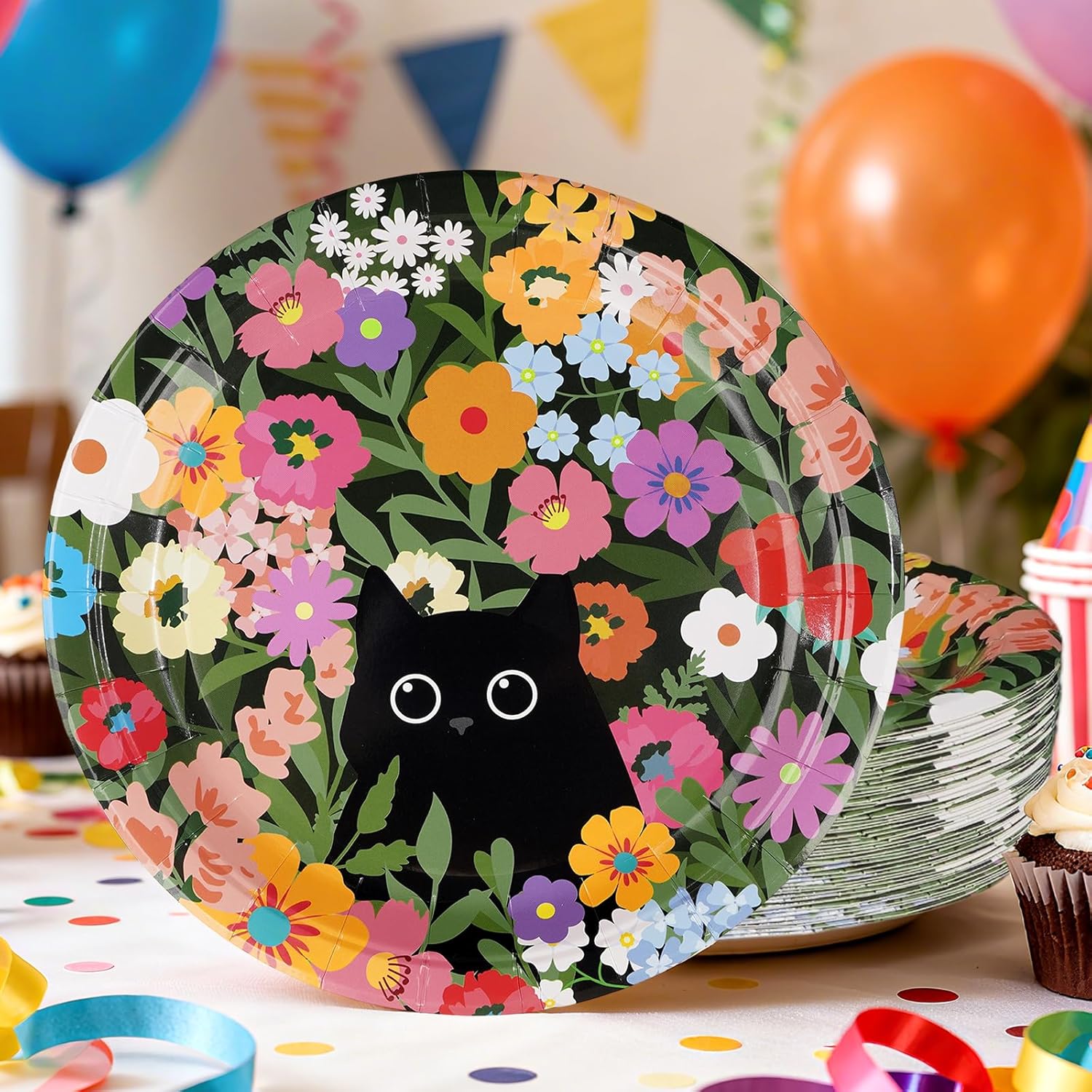 50 Pcs Spring Flower Cat Party Decorations 10" Floral Cat Paper Plates Disposable Black kitty Decorations for Spring Picnic Wedding Birthday Baby Shower Tea Party Supplies