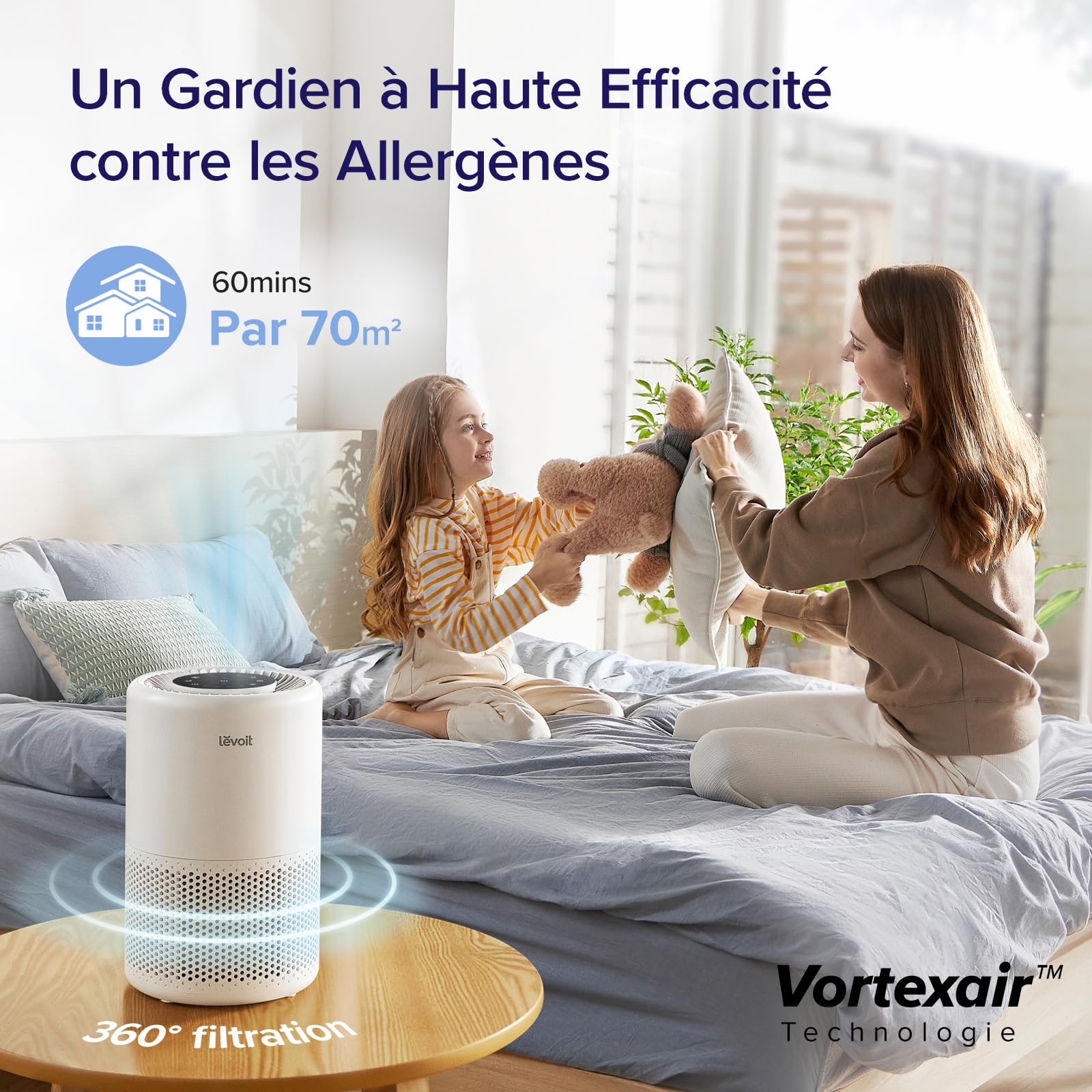 LEVOIT Purificateur d'Air Chambre Silencieux, Élimine 99.97% des Allergènes, Compatible avec APP Alexa, Programmable avec Veilleuse, Jusqu'à 35m², Air Purifier pour Poussières Animaux Odeurs Core 200S