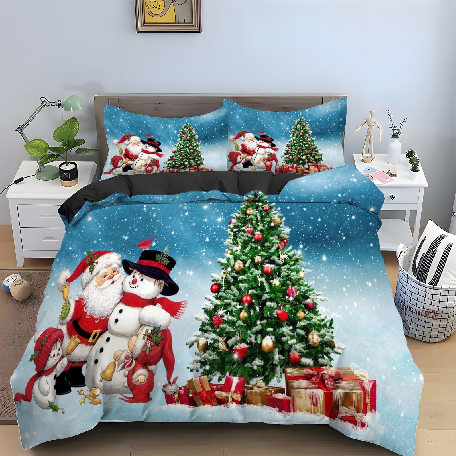 Housse de Couette 200x200 Bonhomme De Neige Parure de Lit Ensemble Literie 3 Pcs