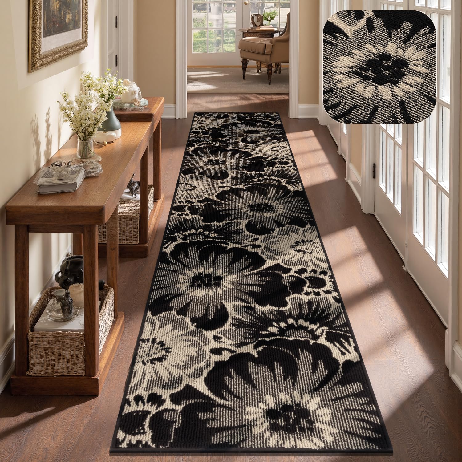 Findosom Hallway Runner Rug 2x10, Non Slip High-Low Textured Floral Washable Runner Rug with Rubber Backing, Boho Carpet Runner for Kitchen, Entryway, Bedroom, Laundry, Black & Beige