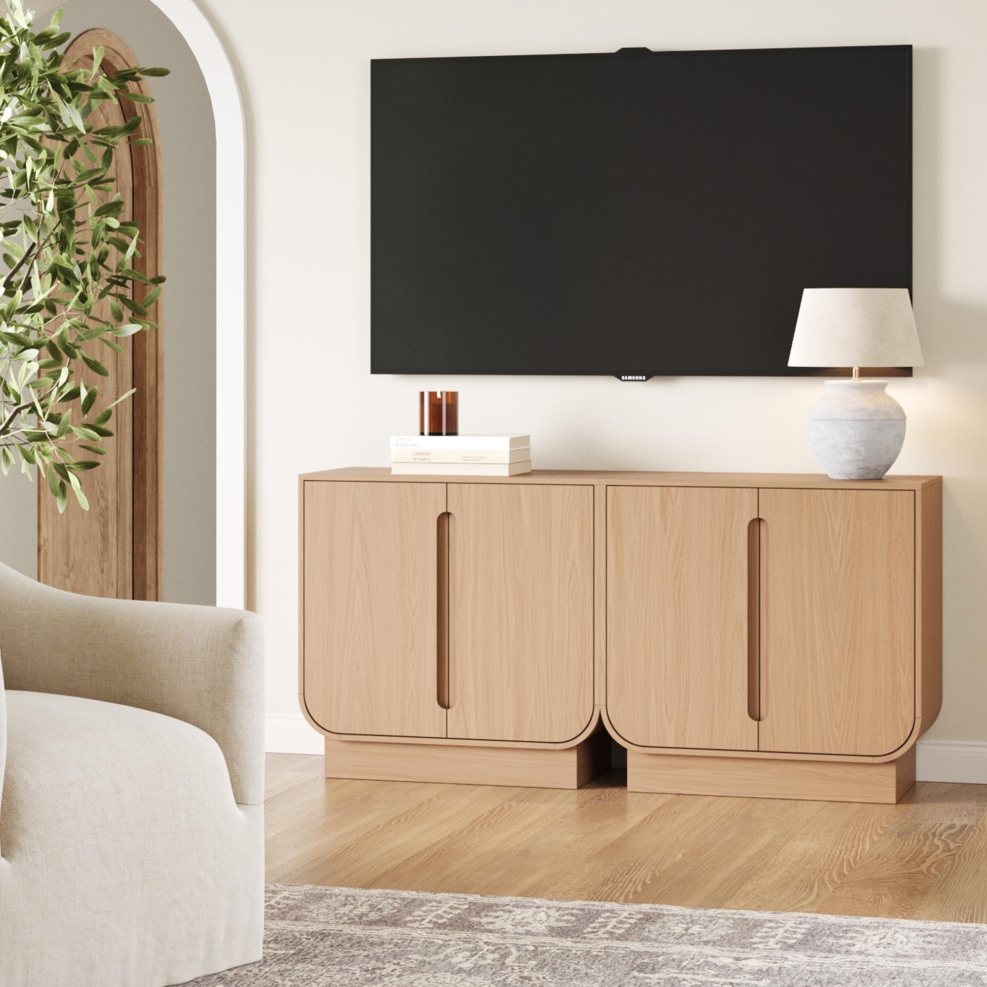 Nathan James Joey Mid Century Modern Storage Cabinet, Arched Accent Cabinet with Rounded Bottom Edges and Integrated Door Pull Cutouts, Raw Oak Set of 2