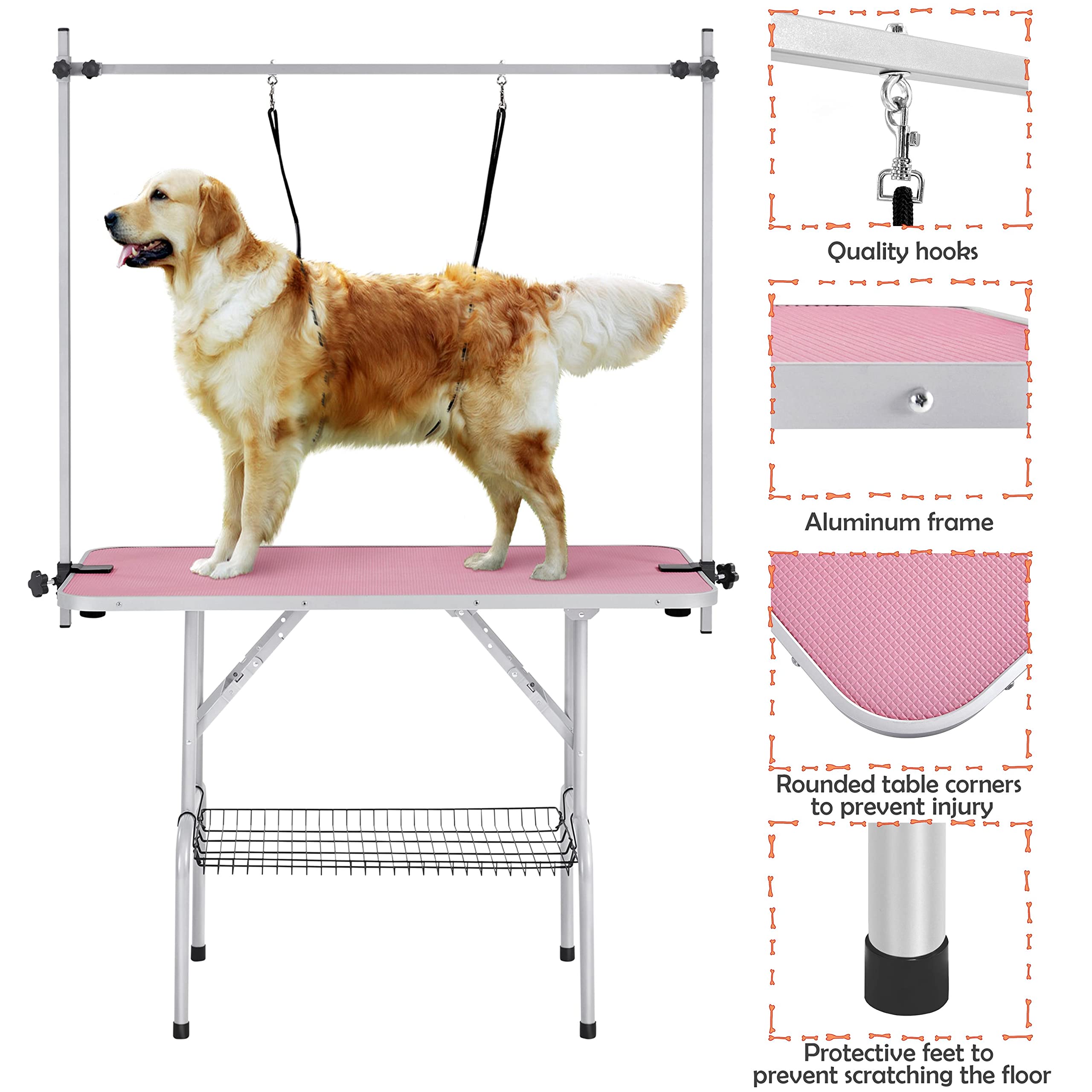 Yaheetech Table de Toilettage pour Chien/Chat/Animaux Réglable 118 x 60 x 177 cm avec Panier de Rangement en Maille Grande Surface Antidérapante et Double Sangle Table Pliante Rose