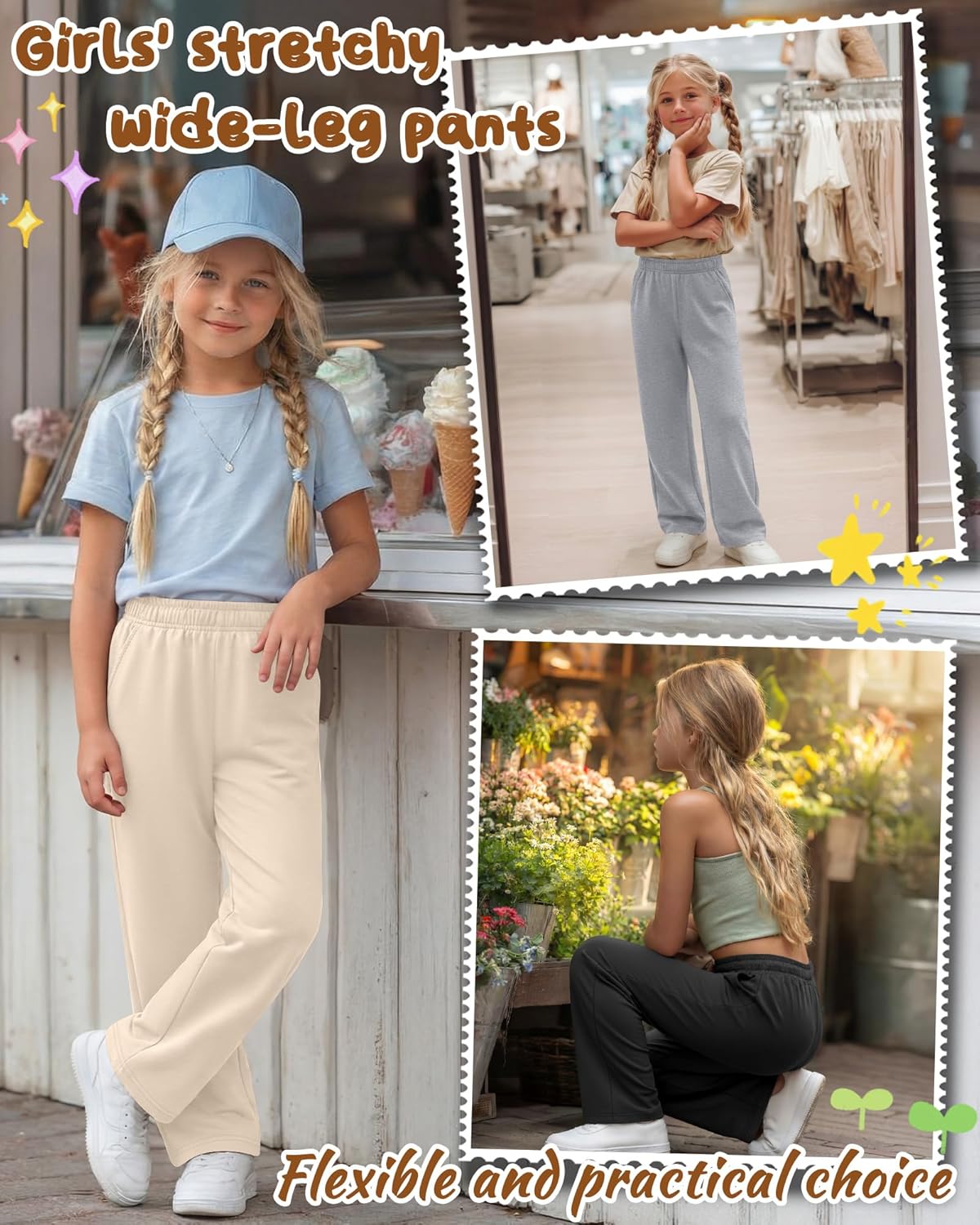 3 Pack Girls Wide Leg Sweatpants Kids Lightweight Joggers Open Bottom Baggy Pants Athletic with Pockets
