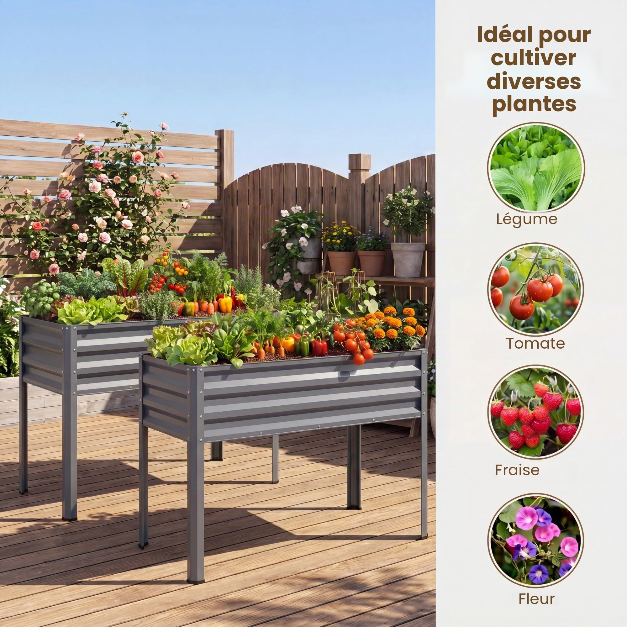 HOMASIS Jardiniere sur Pieds en Métal 142L, Potager Surélevé avec Trou de Drainage, Patins Antidérapants&Barres Renforcées, Table de Culture pour Légumes&Fleurs, Jardin&Balcon, 112x55x152cm (Gris)