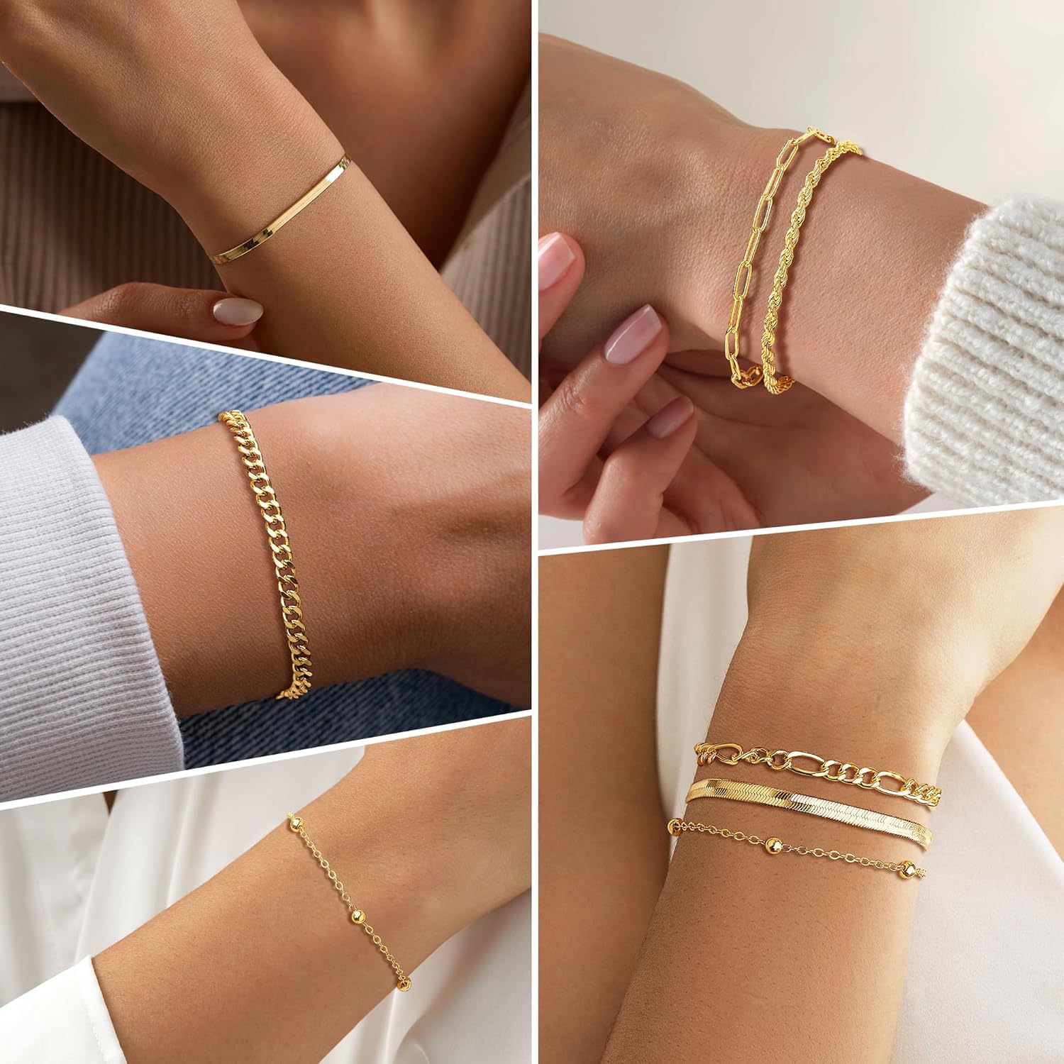 Gold Chunky Stack Bracelets for Women Non Tarnish, 14K Gold Plated Bracelets Set for Women Stackable, Waterproof Layered Trendy Dainty Cuff Cuban Link Chain Paperclip Bracelet Pack for Jewelry Gifts - Image 3