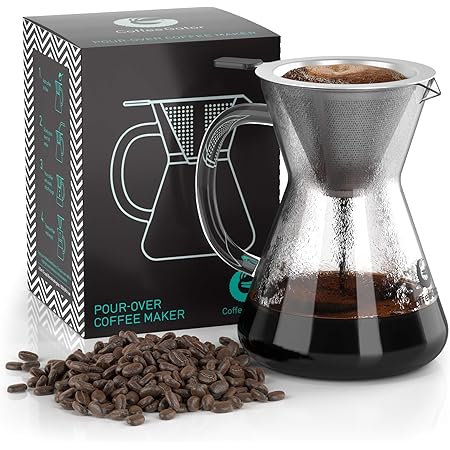 Coffee Gator Pour Over Coffee Maker - 14 oz Paperless, Portable, Drip Coffee Brewer Pour Over Set w/ Glass Carafe & Stainless-Steel Mesh Filter, Clear