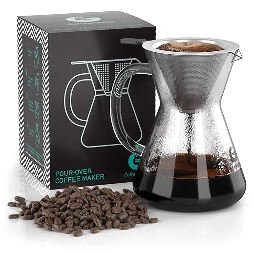 Coffee Gator Pour Over Coffee Maker - 14 oz Paperless, Portable, Drip Coffee Brewer Pour Over Set w/ Glass Carafe & Stainless-Steel Mesh Filter, Clear