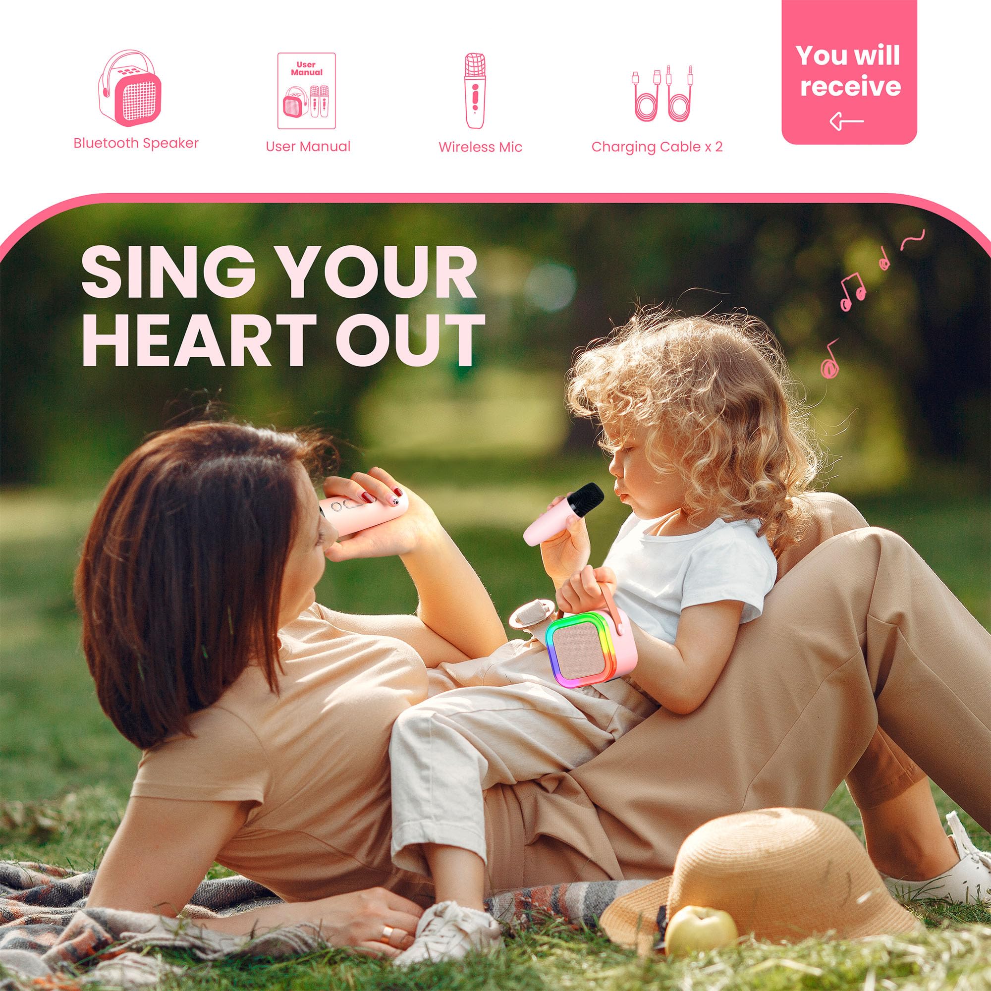 Karaoke con Microfono per Bambini 4-9 Anni, Microfono Bluetooth con Effetti Cambia Voce, Regalo Compleanno Natale Rosa