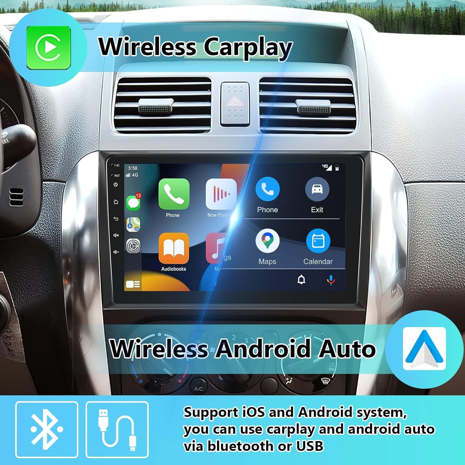 Android Car Stereo for Suzuki SX4 2006-2013 with Wireless Carplay Android Auto, 9 Inch Touch Screen Bluetooth Car Radio Support GPS Navigation WiFi HiFi Audio FM SWC USB + HD Backup Camera