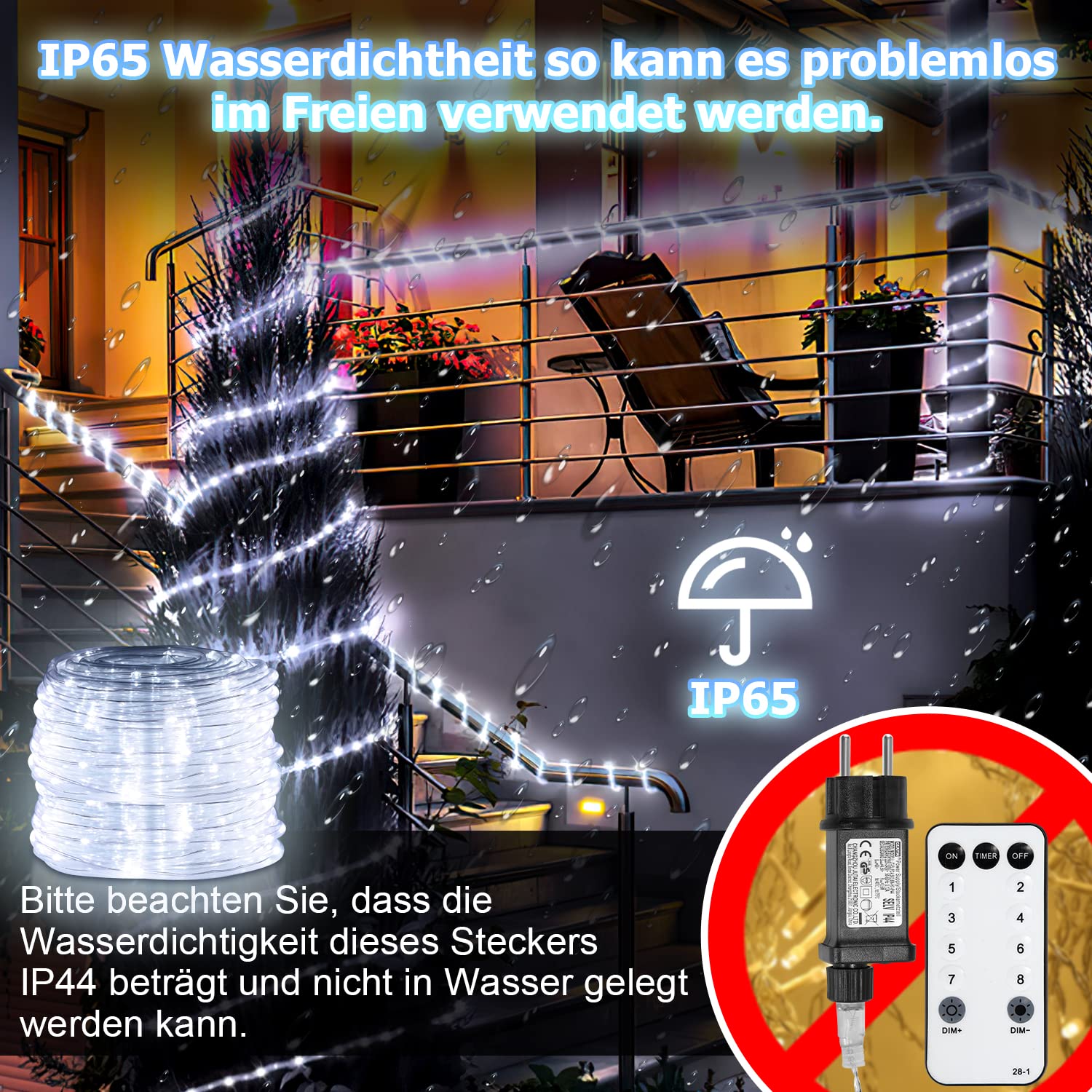 Sonnewelt Tubo luminoso esterno 30 m 300 LED, tubo luminoso esterno interno 8 modalità, tubo luminoso per Natale, feste, tubo luminoso con telecomando, impermeabile, bianco