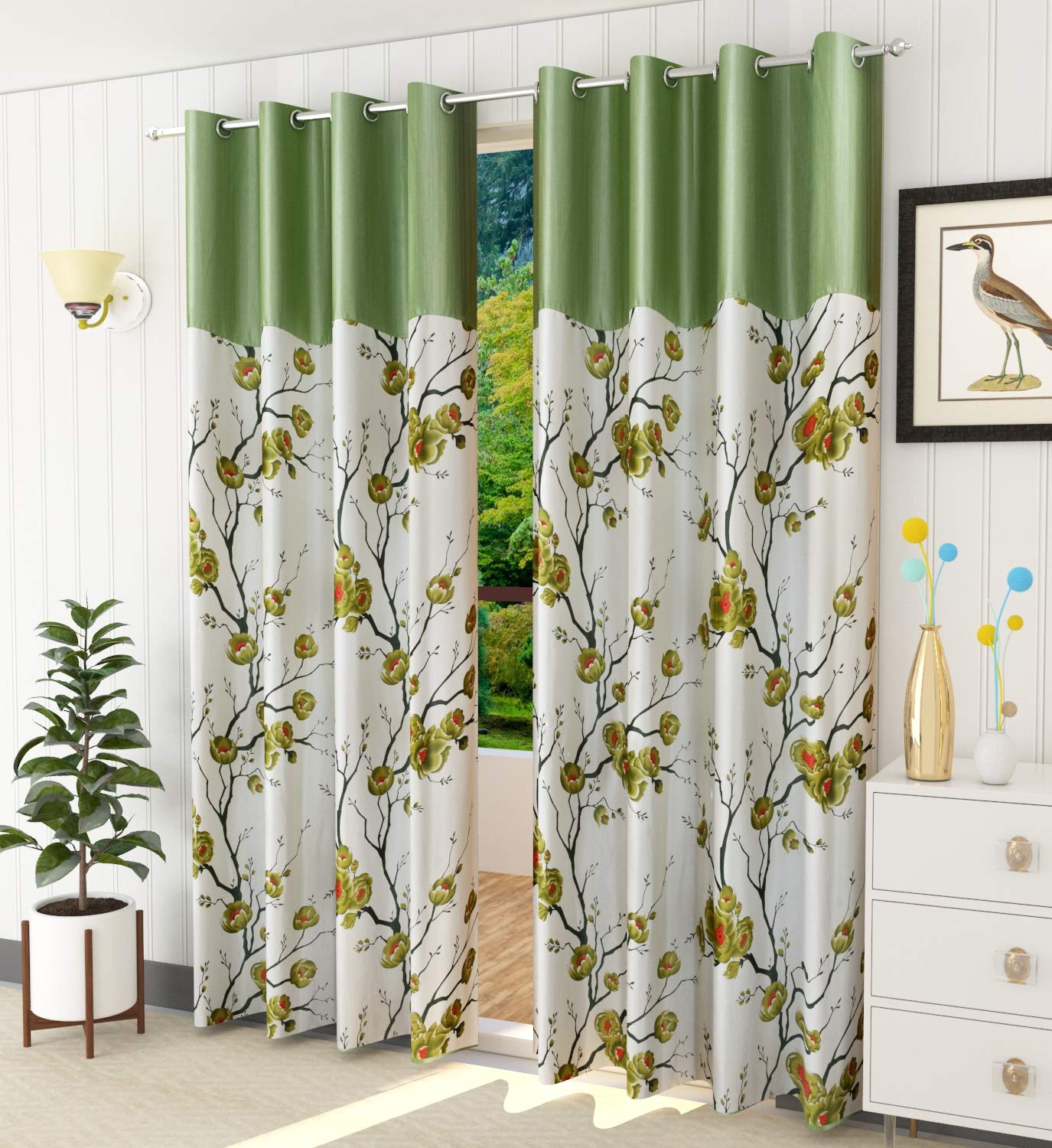 Kiara Creations Premium Plain Floral Rainbow Gulab Printed Curtain for Long Door 9 Feet, Pack of 2, Light Green (B0C7QZMV29) Amazon Price History, Amazon Price Tracker