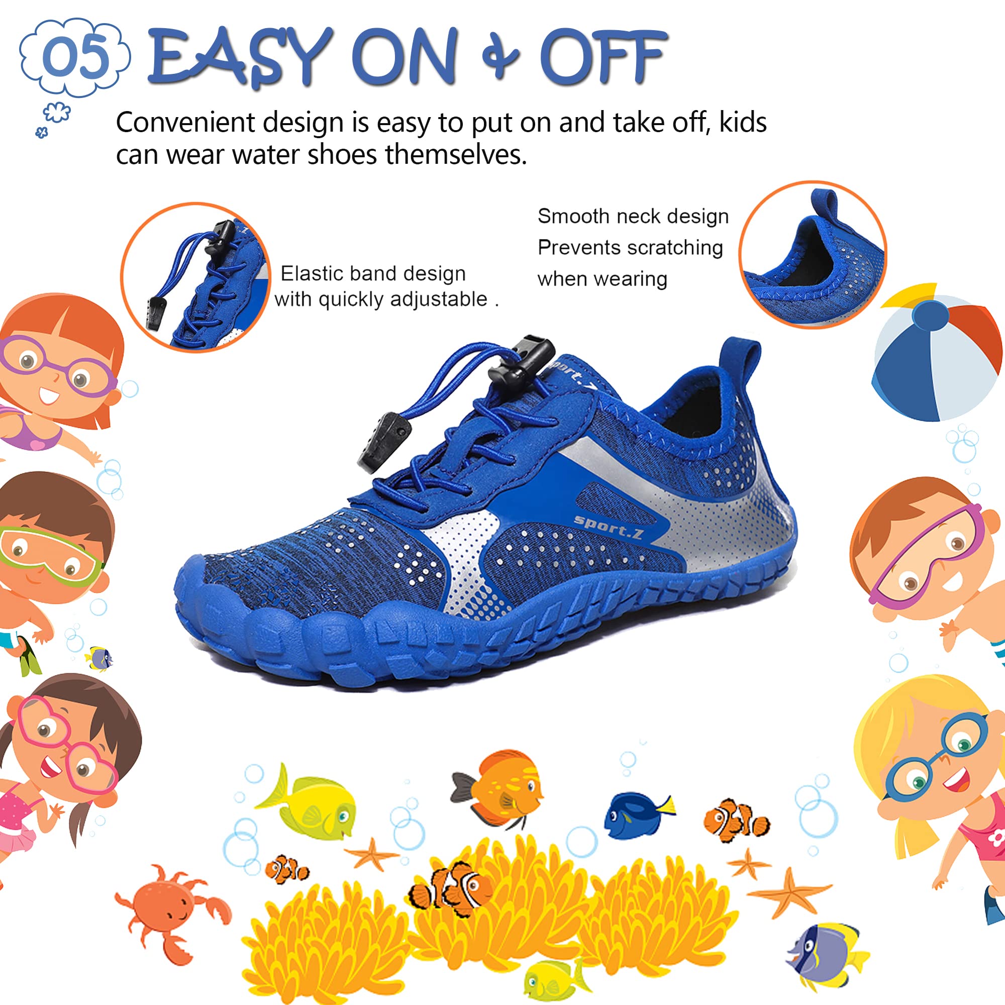 Maxome Wasserschuhe für Kinder, Jungen, Mädchen, Aqua, Pool, Schwimmen, Strand, Kinder, Barfuß, schnell trocknend, leicht, nass Surfen, Tauchen, blau, 35 EU