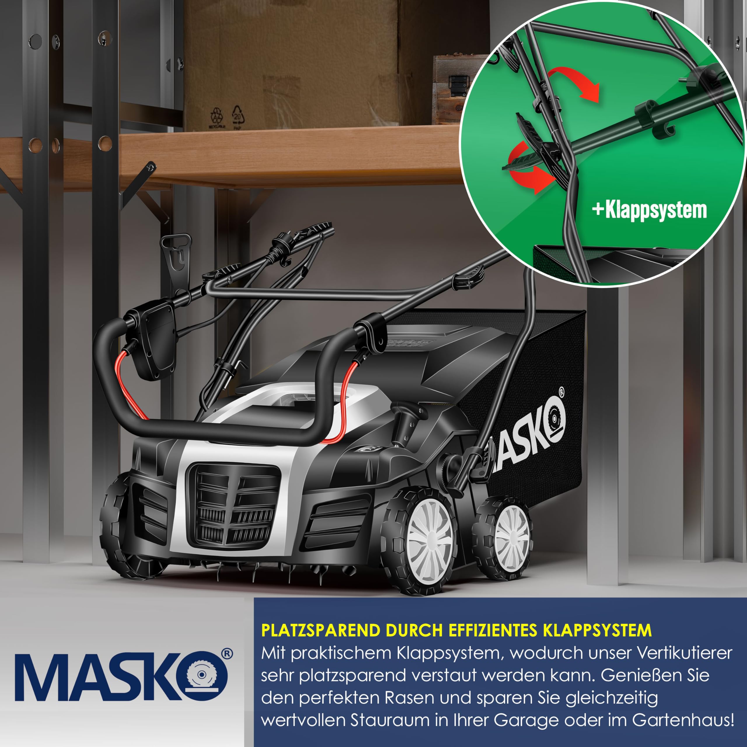 MASKO® Escarificador eléctrico 2 en 1, aireador de césped 1800W, 40 cm de ancho de trabajo, cesta de recogida de 55 l, eliminador de musgo, profundidad de trabajo ajustable en 5 etapas, negro