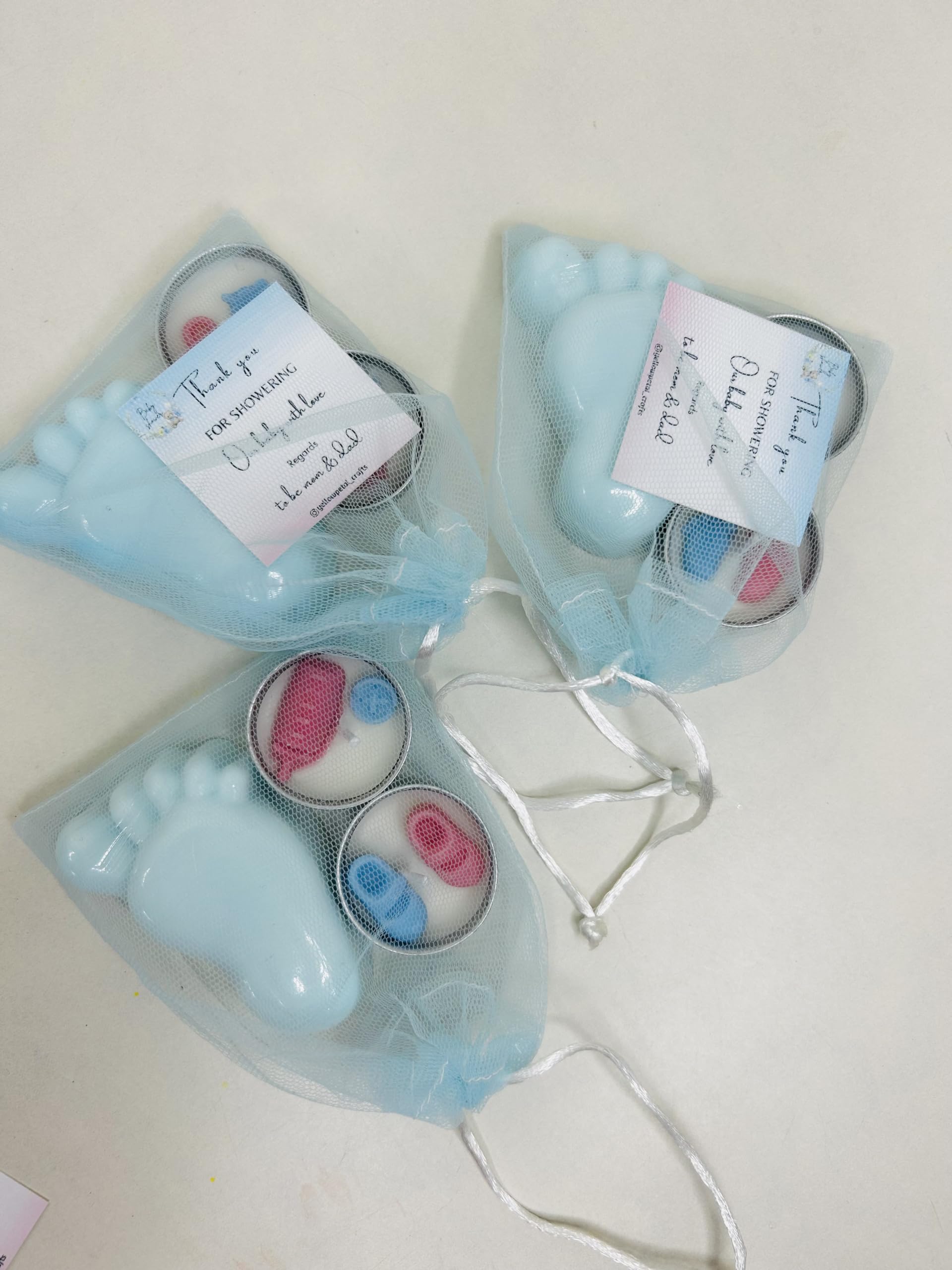Blue baby feet Soap Bar & 2 baby theme tealight candle,Packed in net Pouch with Thank you card, Baby shower, Handmade Soap safe for baby's skin (3 set)-image-31