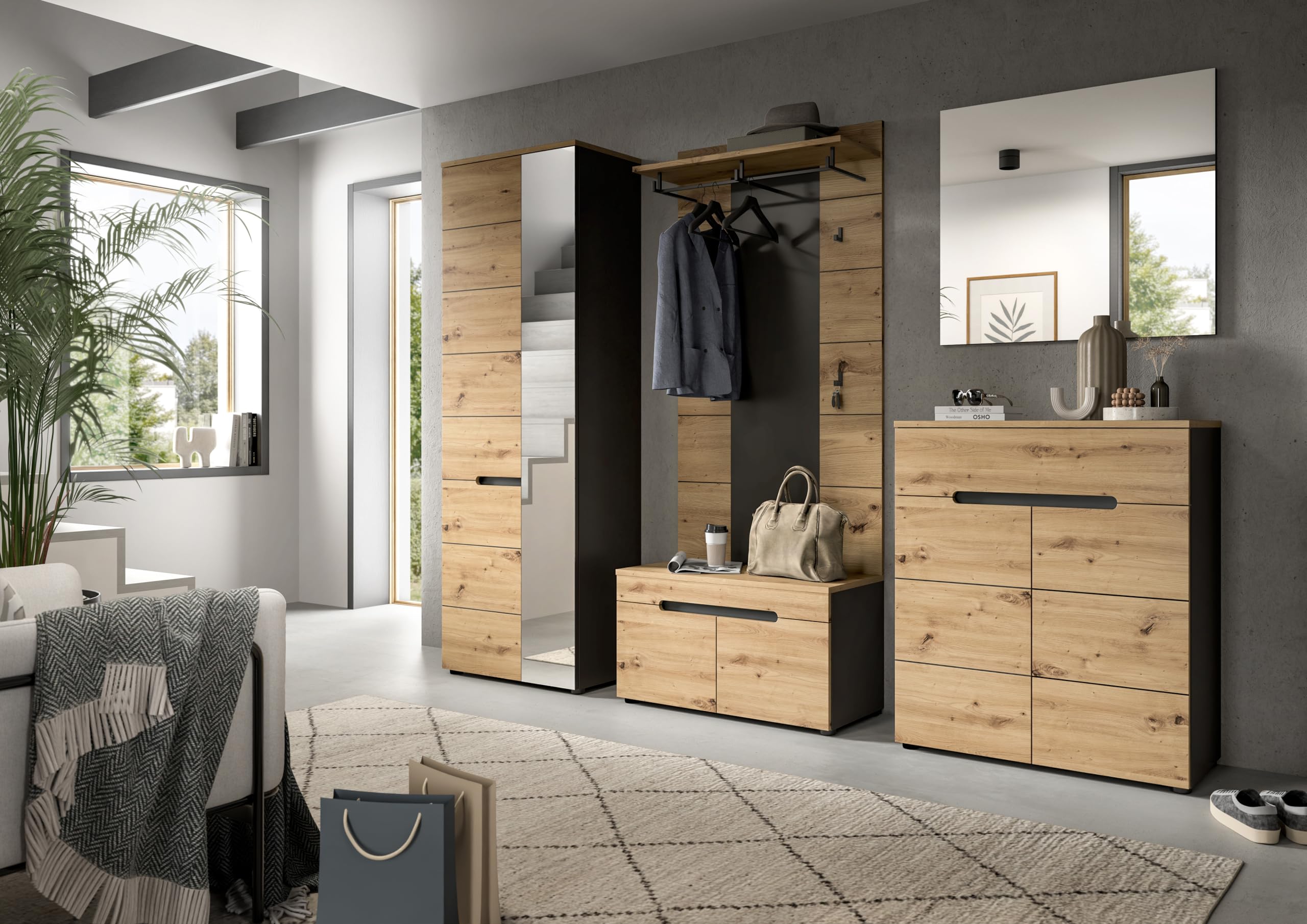 xonox.home - Garderobenkombination Canu 5tlg. 255x190x37 cm in Korpus Basalt grau Nb., Front Artisan Nb. - Garderobenschrank Garderobenmöbel Flurmöbel-Set Flursystem Stauraumlösung