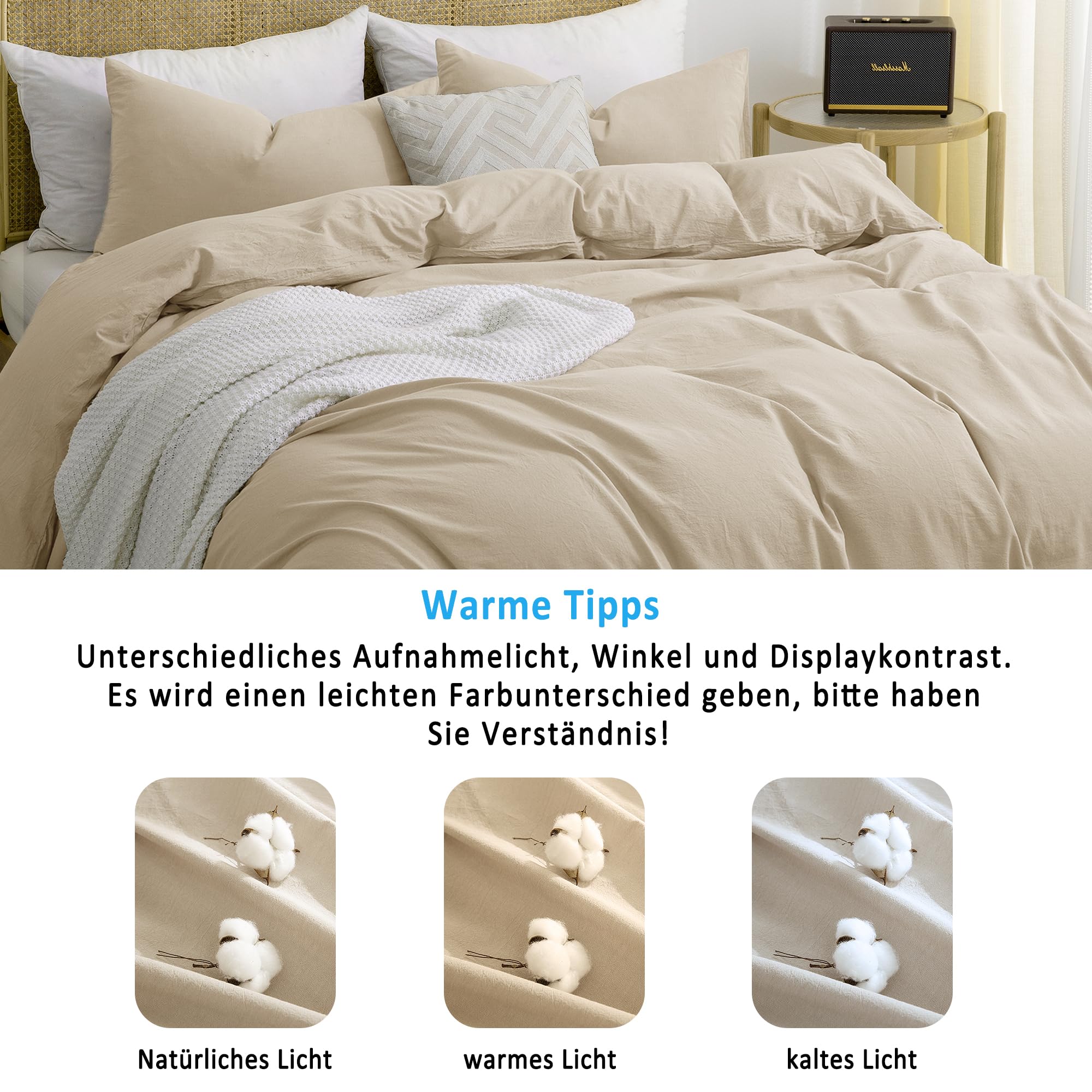 ATsense Ropa de cama 135 x 200 algodón 4 piezas, juegos de ropa de cama lavado en piedra color topo claro similar al lino, Oeko-TEX, hipoalergénico y transpirable, 2 fundas nórdicas y 2 fundas de