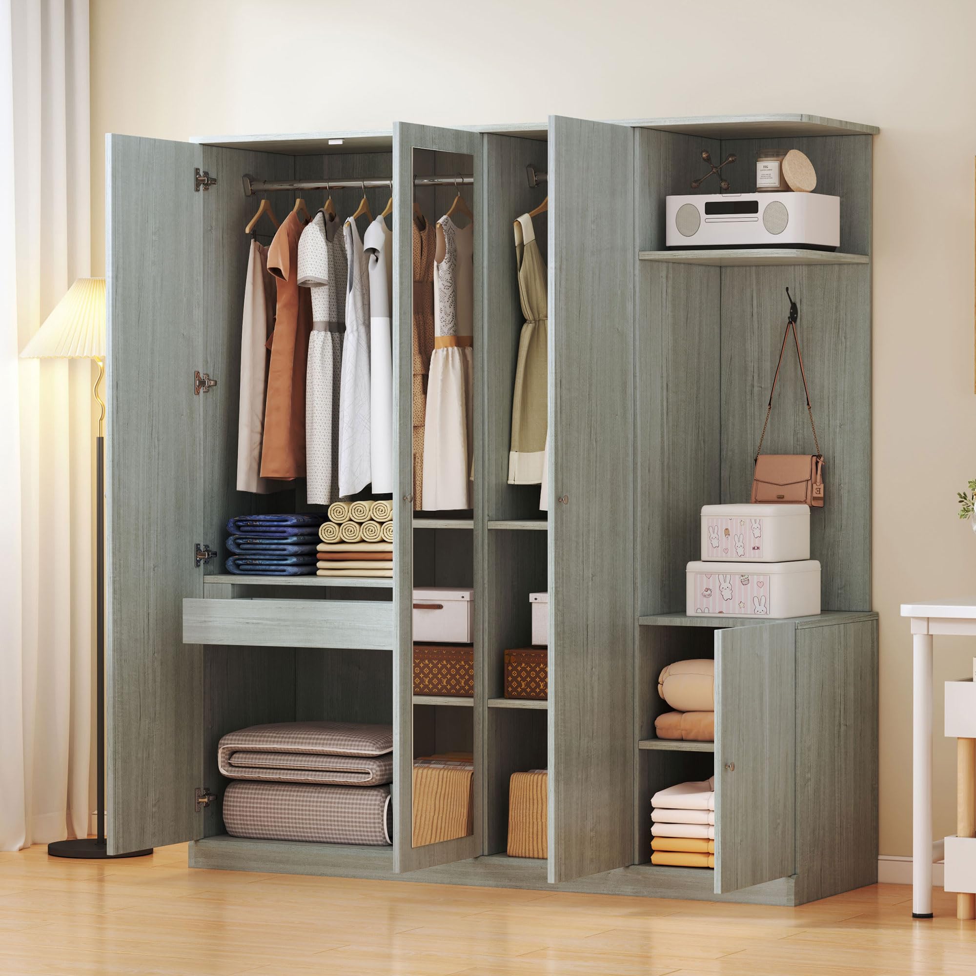 Quarte4-Door Wardrobe with Full-Length Mirror, Shoe Storage & Anti-Tip Design, Modern Closet Organizer in White/Gray/Natural Wood (Gray/nn)
