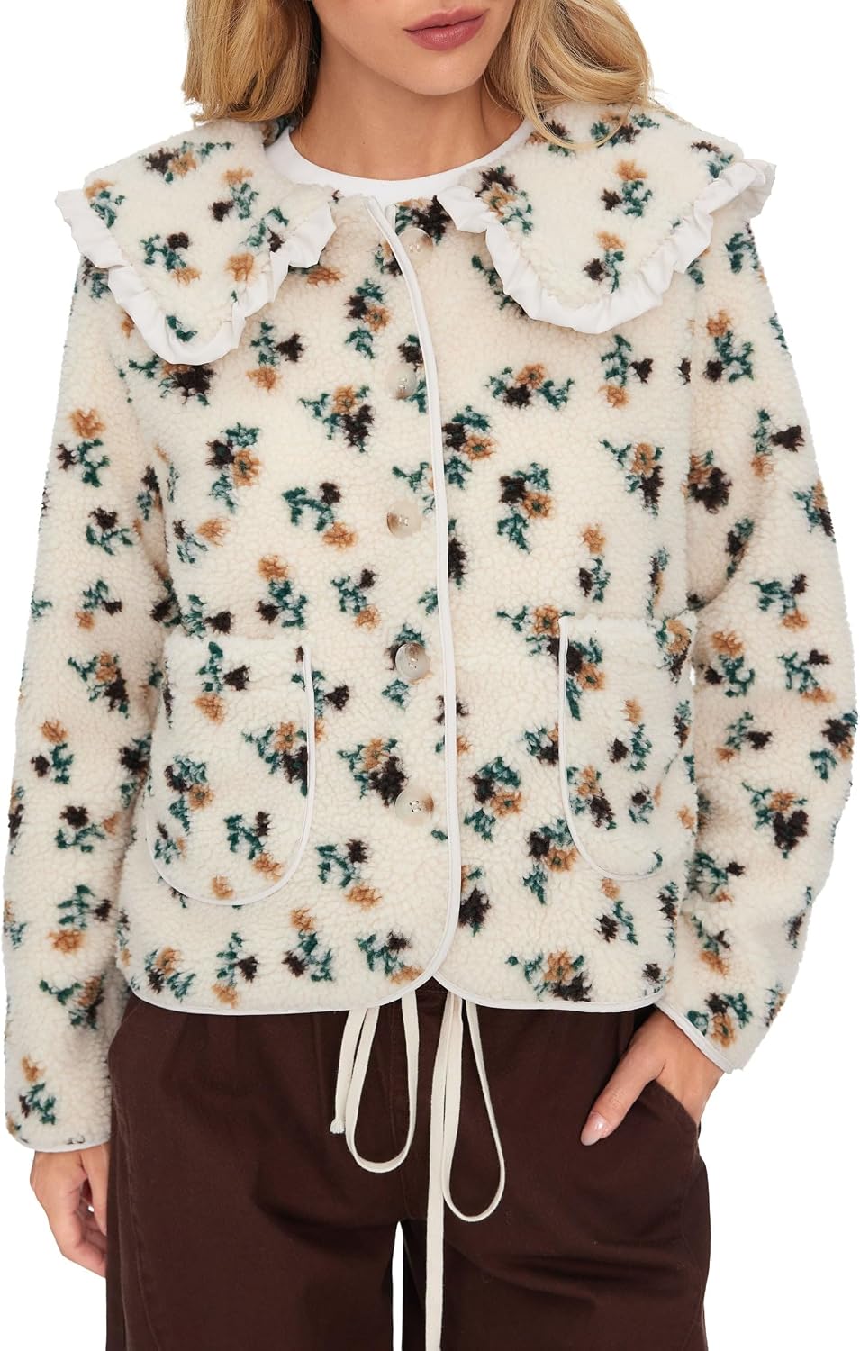 CIDER Fleece Jacket Women Floral Print Ruffled Collar Coat image 2