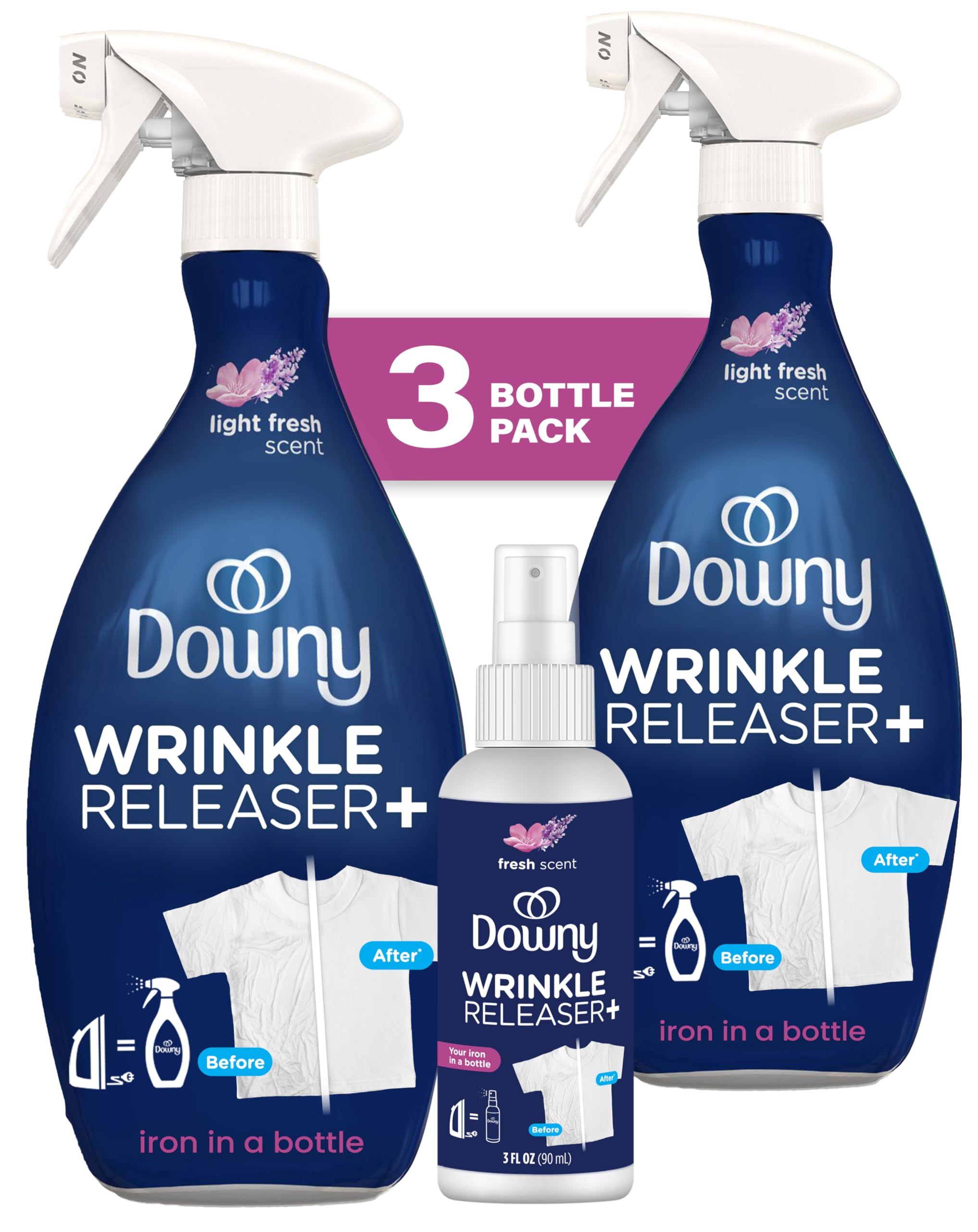 Wrinkle Releaser Spray, Travel Size Spray + 16.9 Fl Oz Pack of 2, All In One Formula, Removes Wrinkles, Static and Odors, Light Fresh Scent