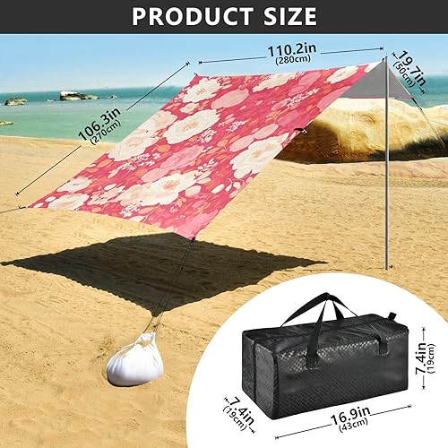 Miniatura 3 de Pink White Carnation Flowers Beach Canopy UPF50+ Protection Waterproof Large Sun Shade Includes Sand Shovel, Sandbags, Stability Poles for Camping,
