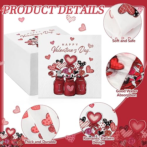 Miniatura 3 de Pasimy 100 servilletas de papel de San Valentín a granel, diseño de corazón rojo de amor rojo, servilletas desechables para invitados, toallas de