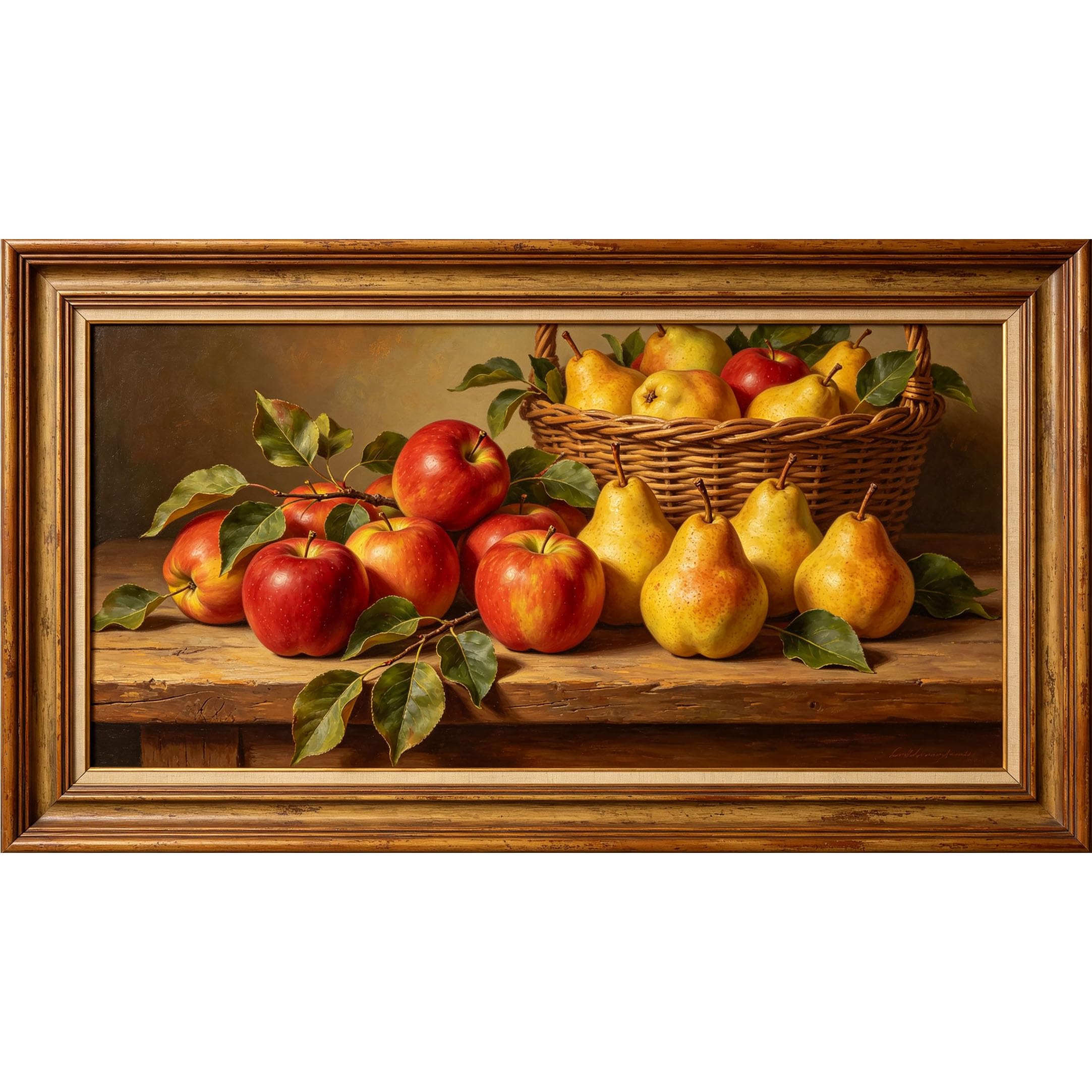 QZLITHOTIC 50x90cm3D Framed Wall Art， Vintage Still Life Apples and Pears Basket Oil Painting Self‑Adhesive Mural， Water‑Activated Peel & Stick Fabric Decor Wall Decal for Bedroom Living Room