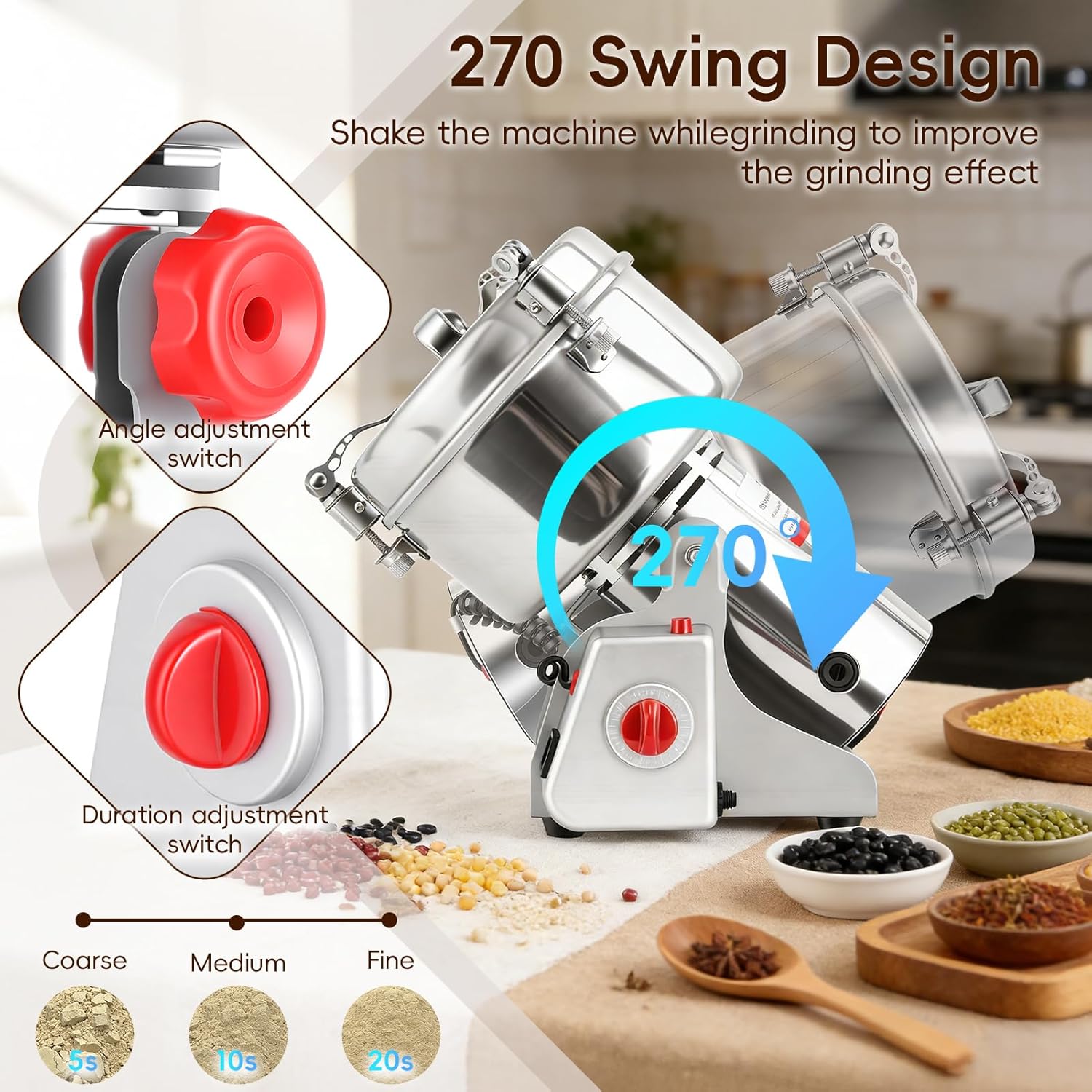 Electric Grain Mill Grinder, 2000g 304 Stainless Steel Flour Mill Grinder, 4100W 36000RPM High-Speed Spice Grinder for Home Kitchen, Adjustable 60-300 Mesh for Wheat Corn Oats Coffee Beans