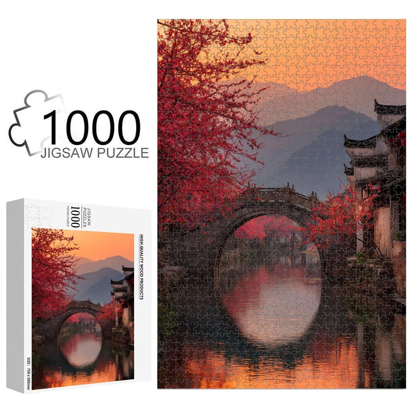 1000 elementów, puzzle dla dorosłych, most i małe miasteczko, drewniane puzzle 1T#1964